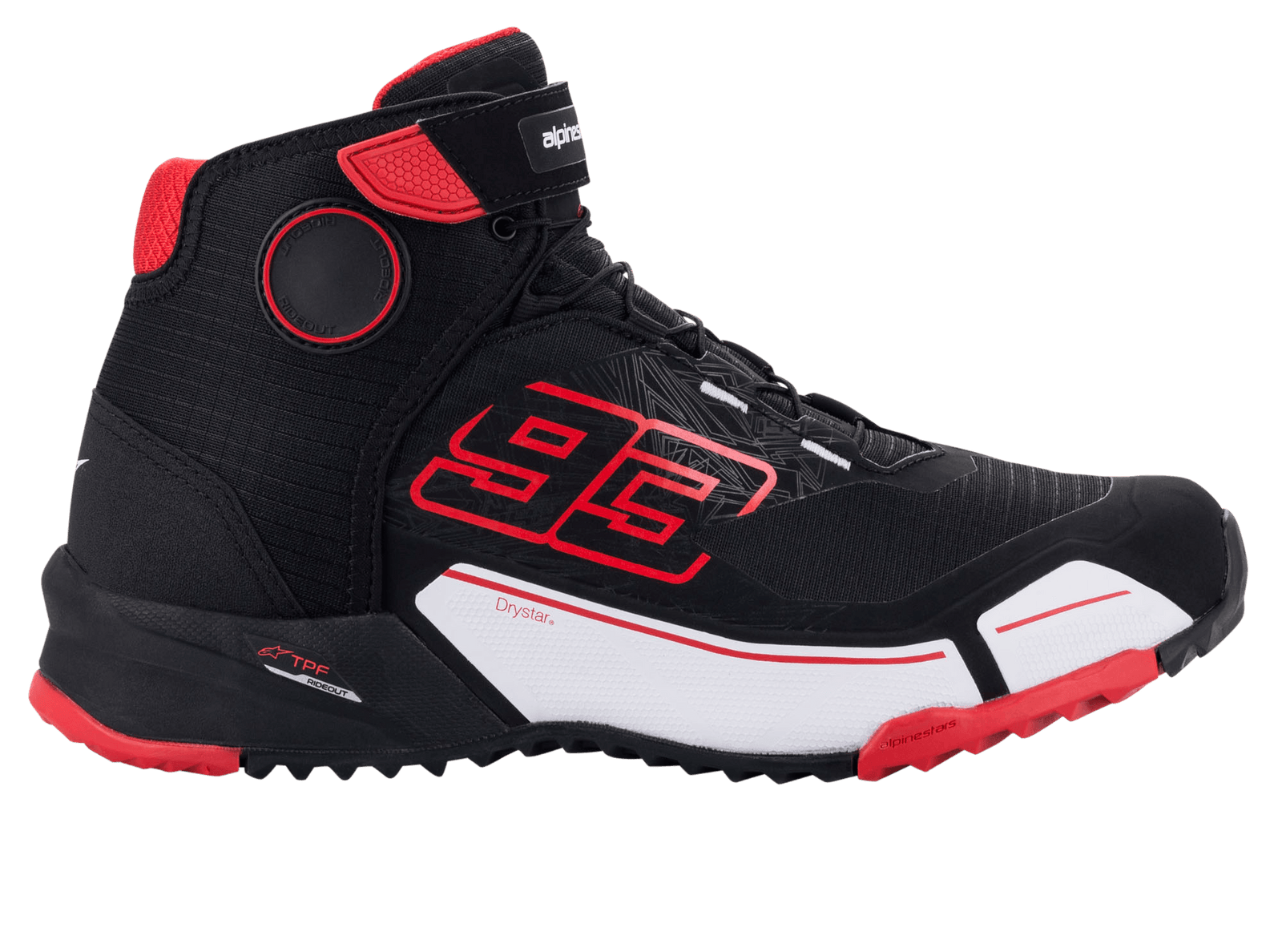 Alpinestars MM93 CR-X Drystar® Riding Shoe, Black Red White, side profile view of a protective motorcycle shoe, featuring bold red Marc Marquez '93' branding, white midsole panel, and red outsole accents, sporty sneaker-inspired design