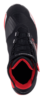 Alpinestars MM93 CR-X Drystar® Riding Shoes, Black Red and White, top-down view, red padded interior, black upper with red accents, laces and velcro ankle strap, waterproof and protective motorcycle riding shoes
