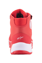 Alpinestars MM93 CR-X Drystar® Riding Shoes, Bright Red and White, rear view of the heel featuring a white Alpinestars logo, thick white midsole, and padded red mesh collar