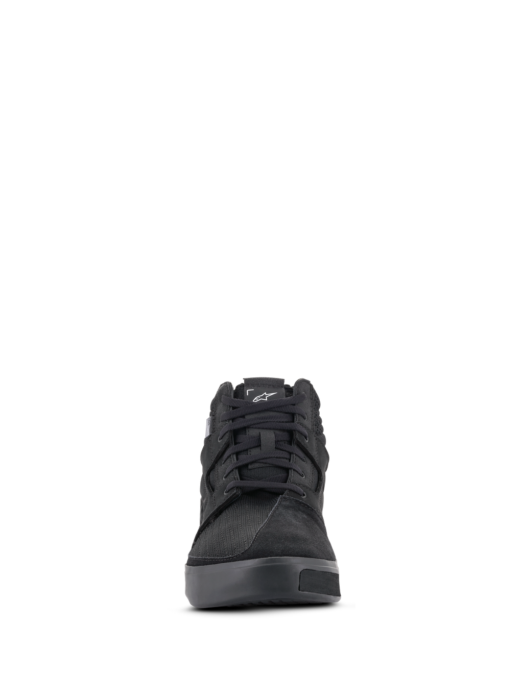 Chaussures de moto Alpinestars Primer, noir, vue de face de chaussures de moto urbaines décontractées avec une tige en daim et textile, des lacets noirs et un logo Astar blanc sur la languette.