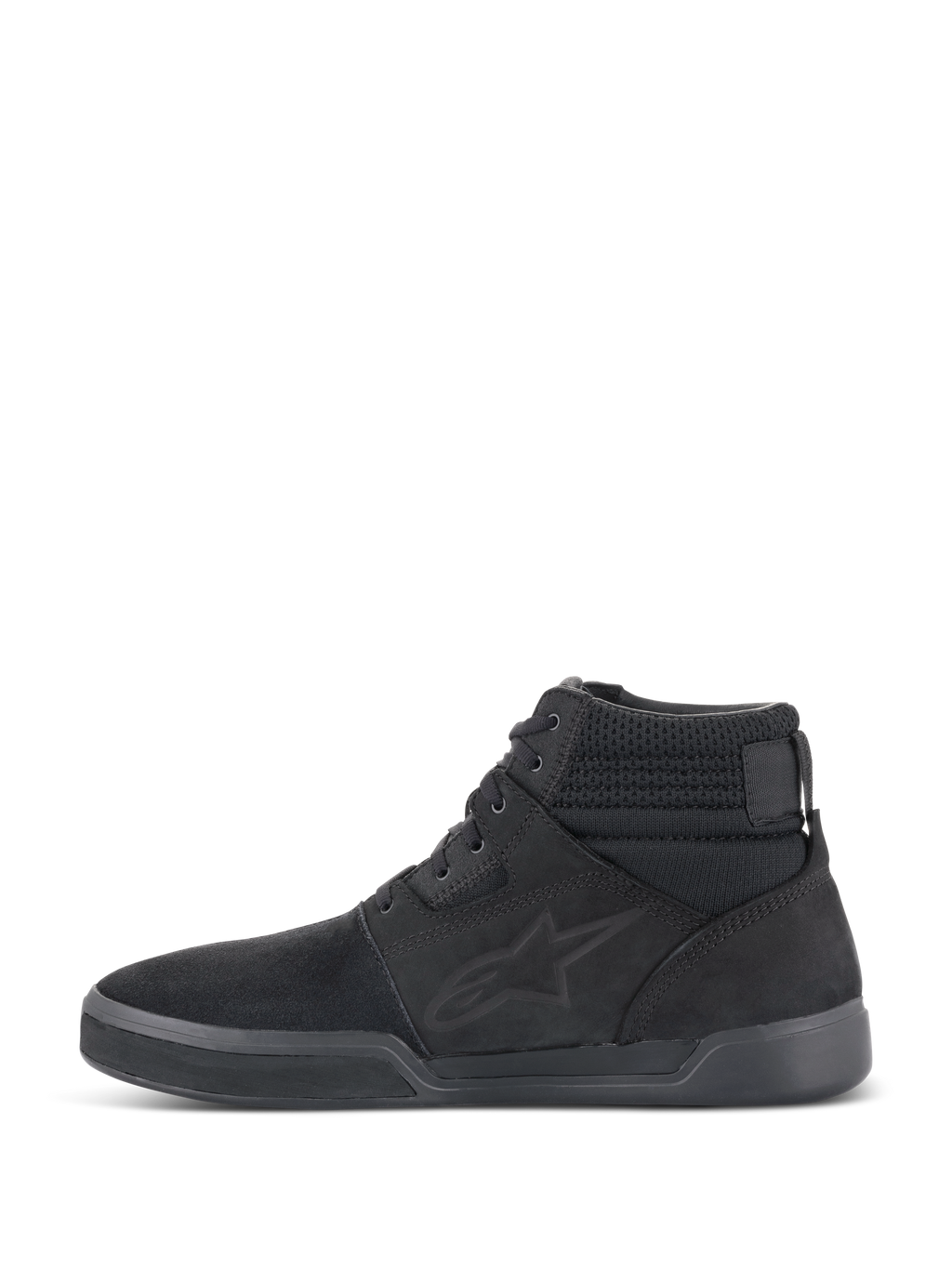 Chaussures de moto Alpinestars Primer, Noir Noir, profil latéral, design de baskets montantes décontractées avec logo Alpinestars, col texturé et semelle plate