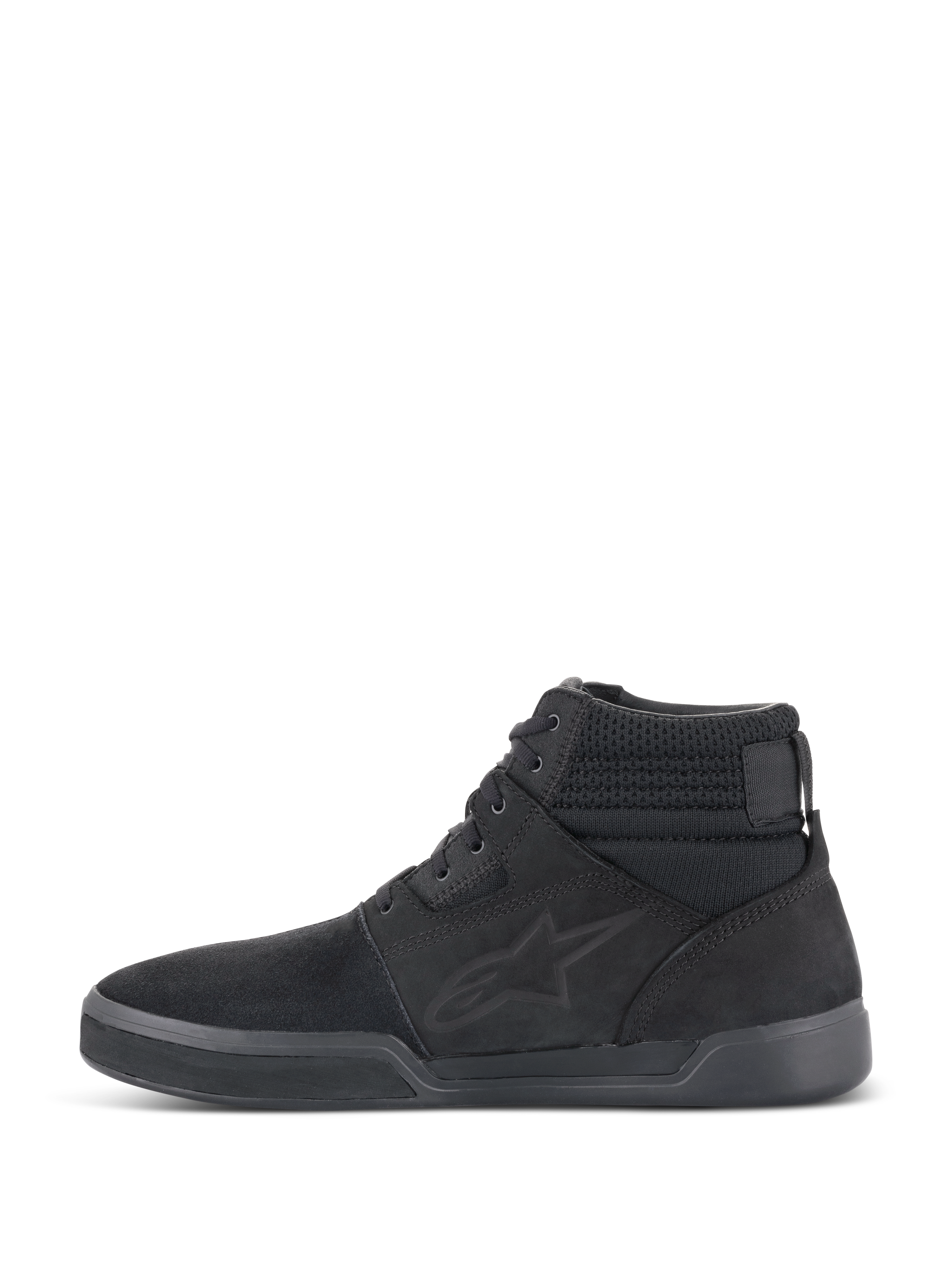 Chaussures de moto Alpinestars Primer, Noir Noir, profil latéral, design de baskets montantes décontractées avec logo Alpinestars, col texturé et semelle plate