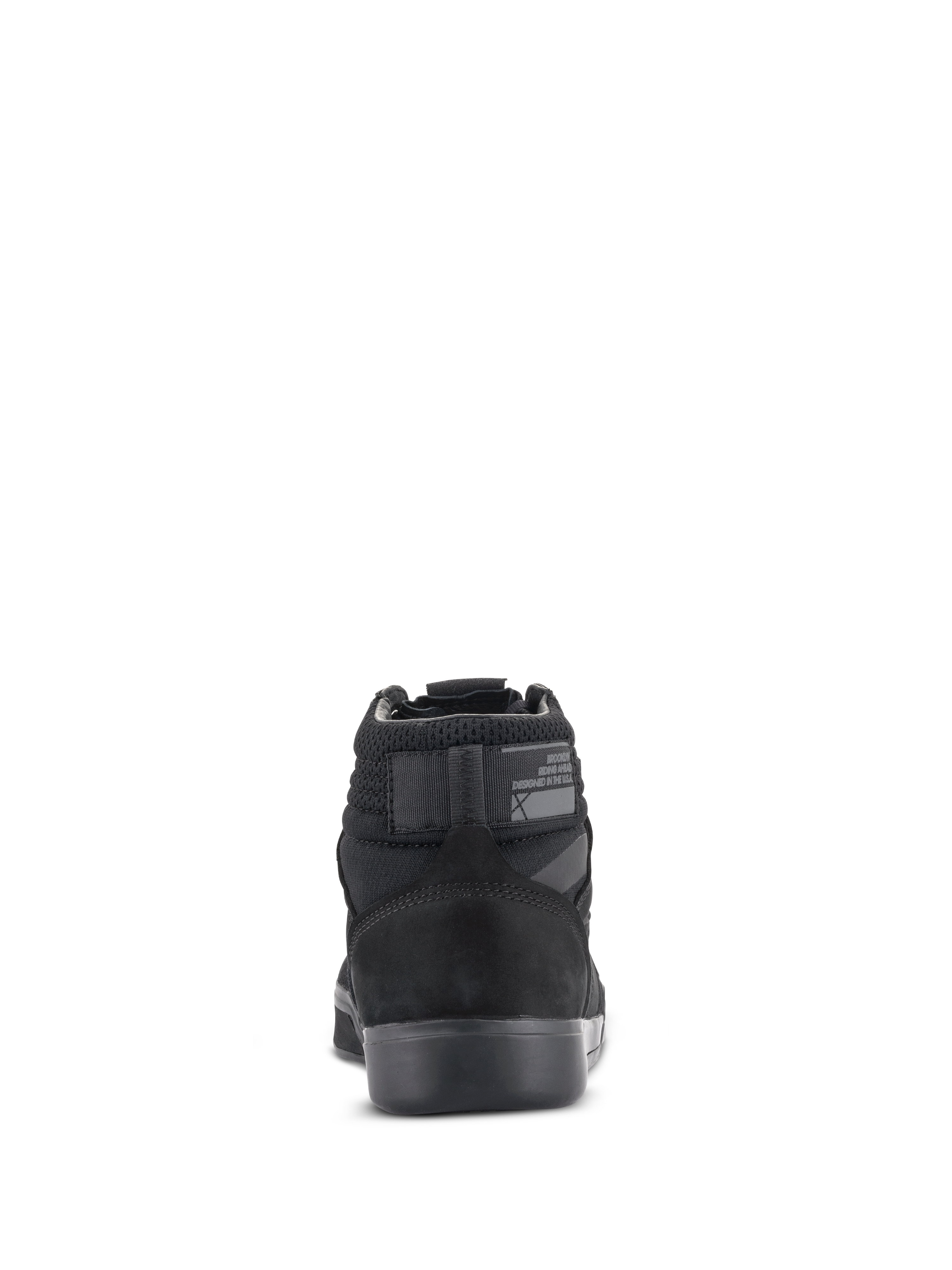 Chaussures de moto Alpinestars Primer, Noir sur Noir, vue arrière montrant le talon renforcé, le col en mesh et la semelle en caoutchouc, chaussures de moto urbaines protectrices