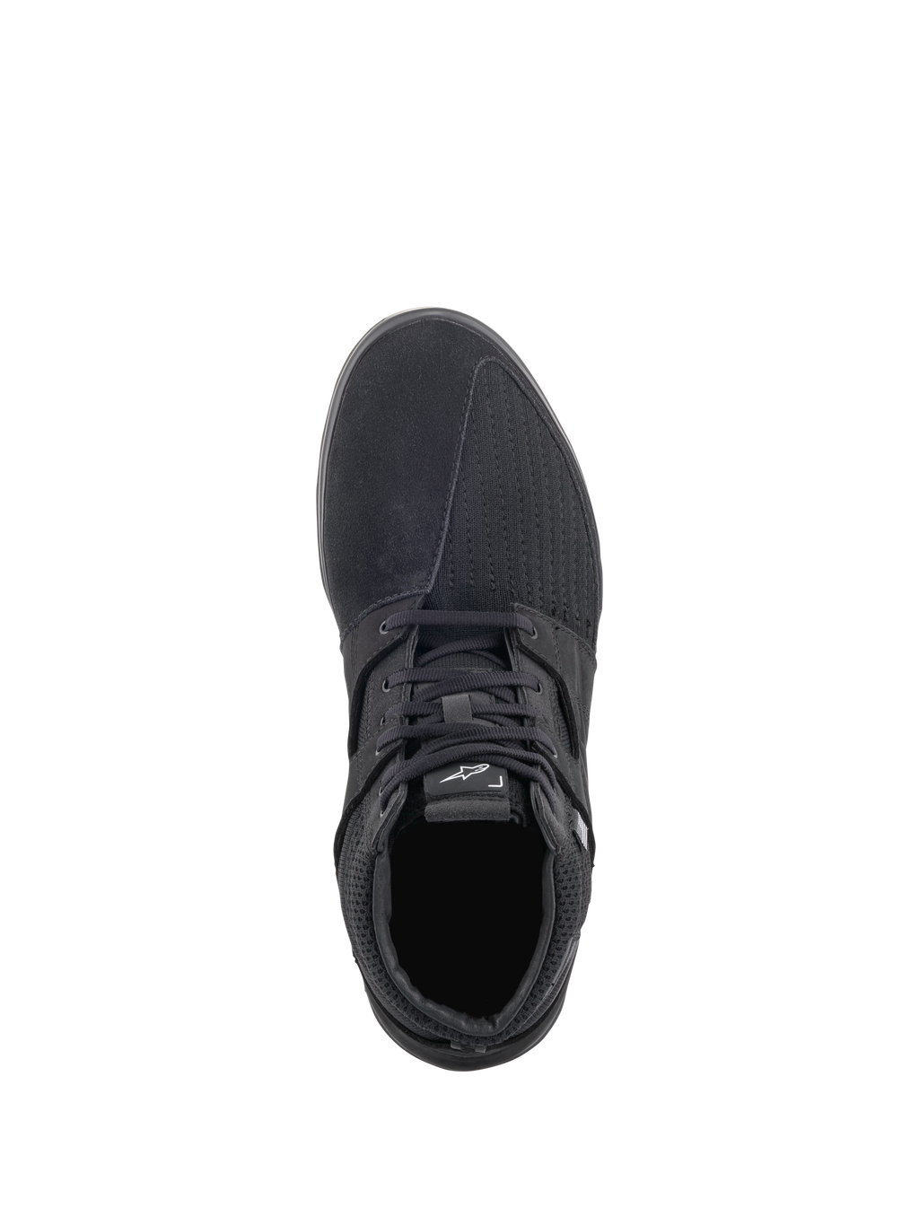 Alpinestars Primer Riding Shoes, Noir, vue de dessus, chaussures de moto urbaines décontractées dotées d'une tige multi-matières avec empiècements en daim et en mesh, fermeture à lacets et logo Alpinestars blanc sur la languette
