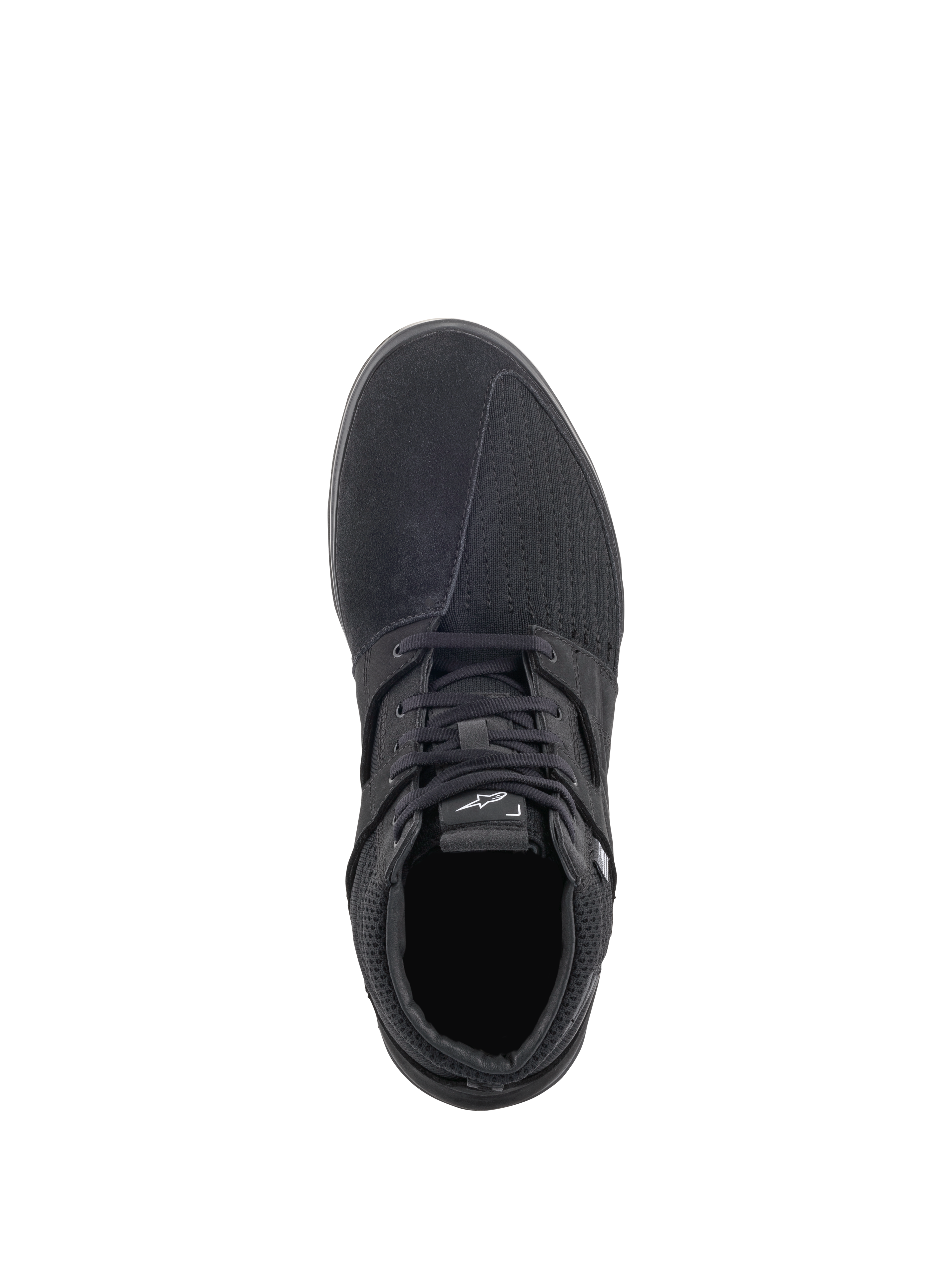 Alpinestars Primer Riding Shoes, Noir, vue de dessus, chaussures de moto urbaines décontractées dotées d'une tige multi-matières avec empiècements en daim et en mesh, fermeture à lacets et logo Alpinestars blanc sur la languette