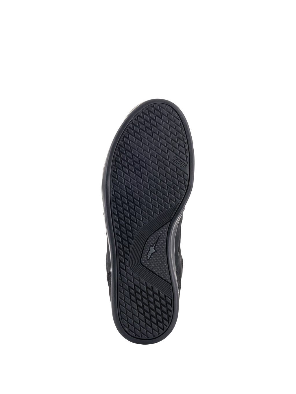 Chaussures de moto Alpinestars Primer, vue de la semelle extérieure, noires, dotées d'une semelle en mélange de deux caoutchoucs résistant à l'huile avec une configuration de crampons asymétrique pour l'adhérence et une haute résistance à l'abrasion, marquage TPF visible sur le côté