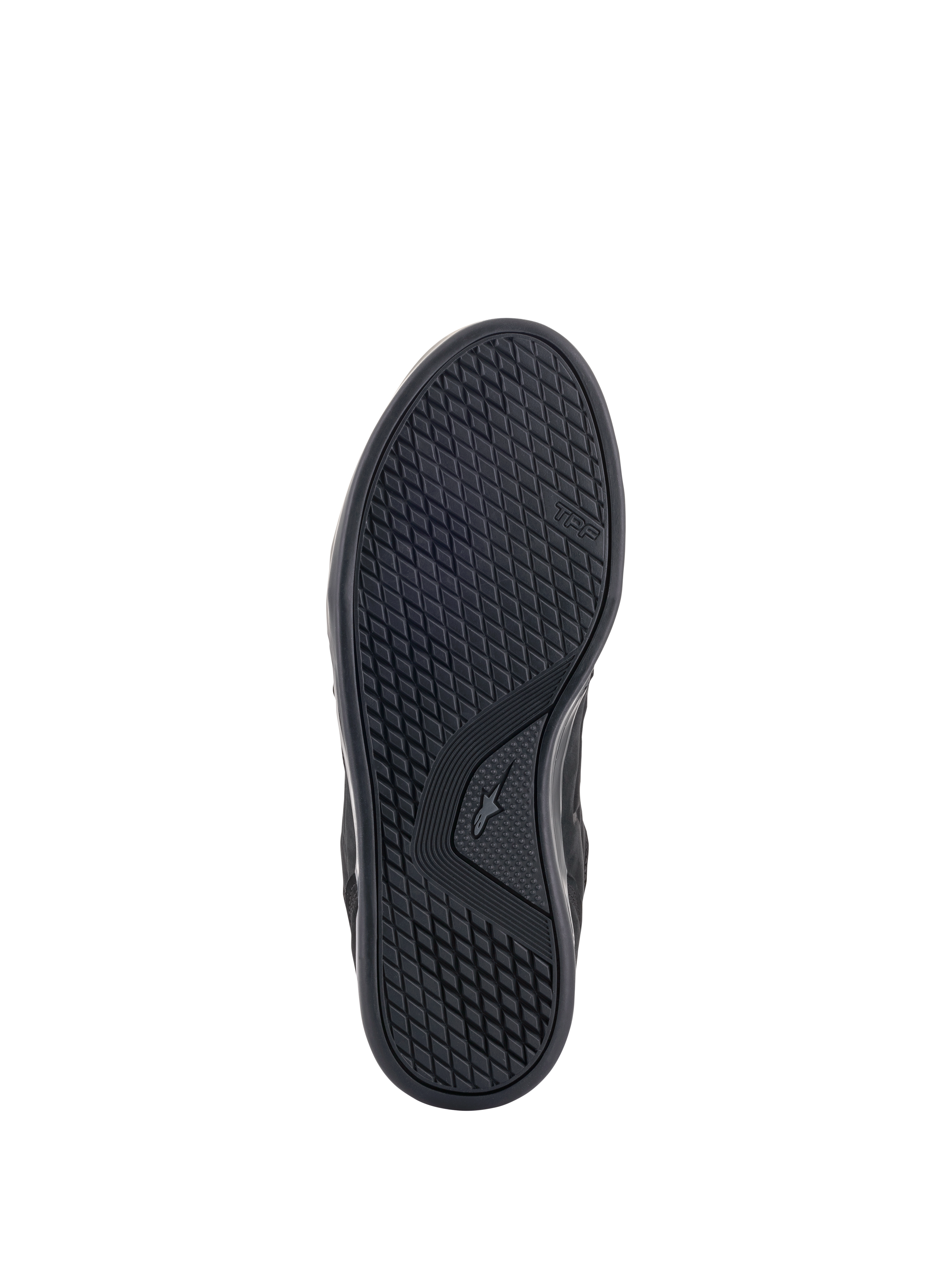 Chaussures de moto Alpinestars Primer, vue de la semelle extérieure, noires, dotées d'une semelle en mélange de deux caoutchoucs résistant à l'huile avec une configuration de crampons asymétrique pour l'adhérence et une haute résistance à l'abrasion, marquage TPF visible sur le côté