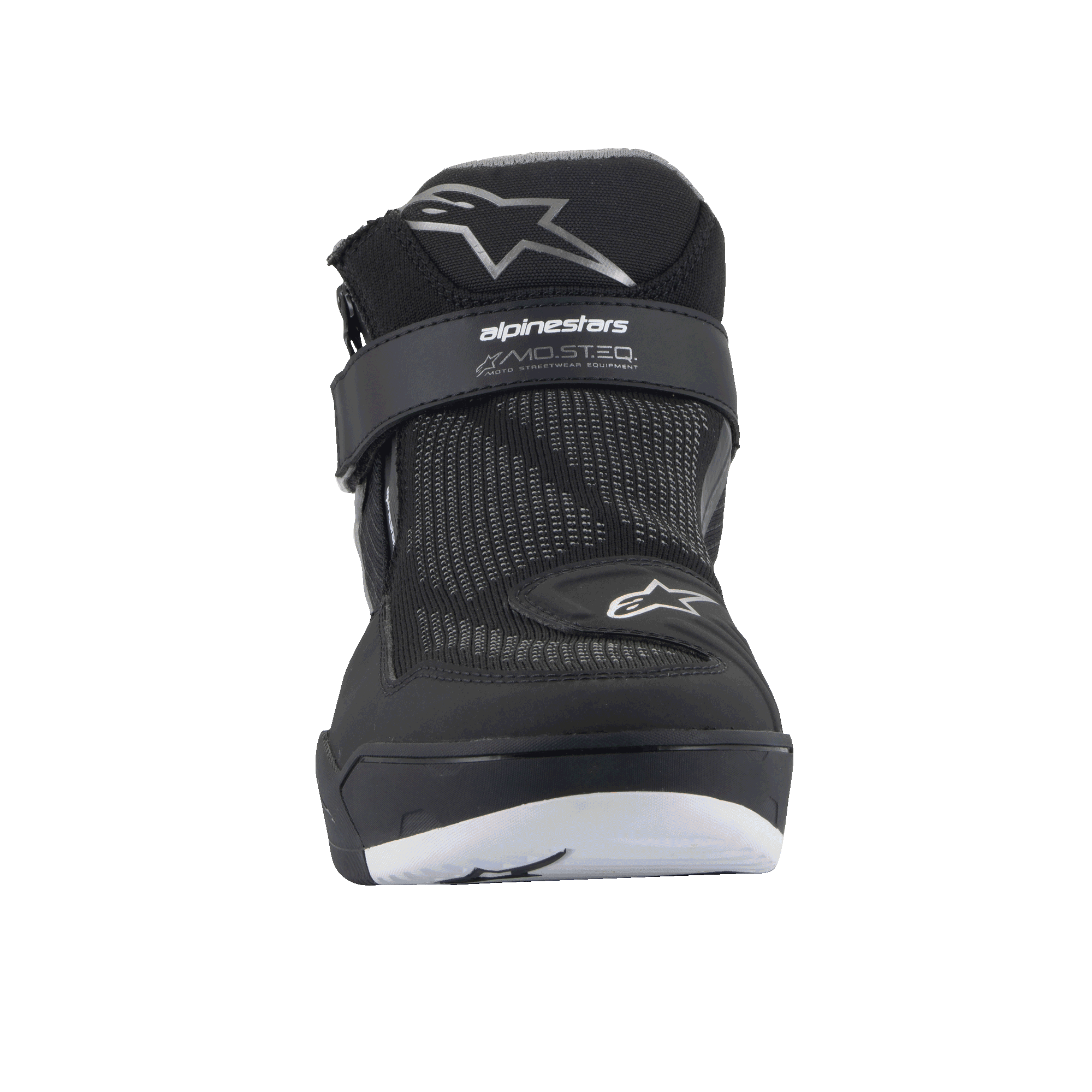 Chaussures Alpinestars Speedflight Street, Noir Gun Metal, vue de face avec tige en maille, sangle de cheville auto-agrippante avec marquage MO.ST.EQ. et logos étoiles, chaussures de moto urbaines contemporaines