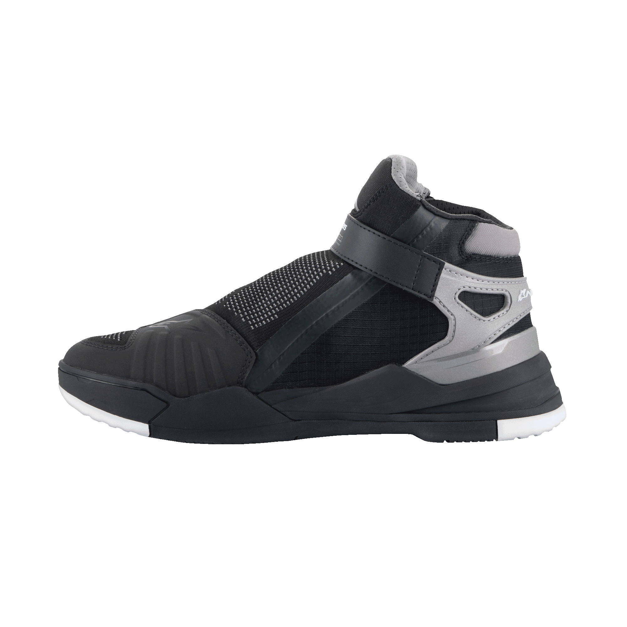 Chaussures Alpinestars Speedflight, chaussures de moto urbaines, Noir et Gun Metal, vue de profil avec tige en maille, renforts en TPU et fermeture par sangle latérale, design sportif inspiré des baskets