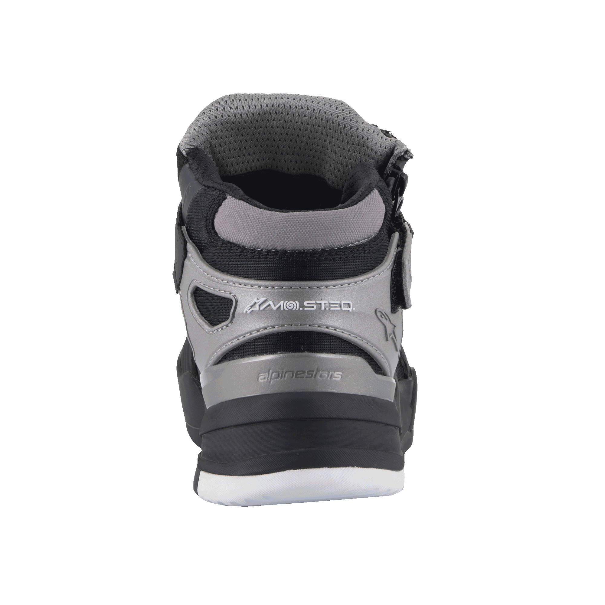 Chaussures Alpinestars Speedflight Street Shoes, Noir Gun Metal, vue arrière d'une chaussure de moto urbaine, avec marquage MO.ST.EQ sur le talon, empiècements synthétiques et en maille gris et noir, semelle texturée durable.