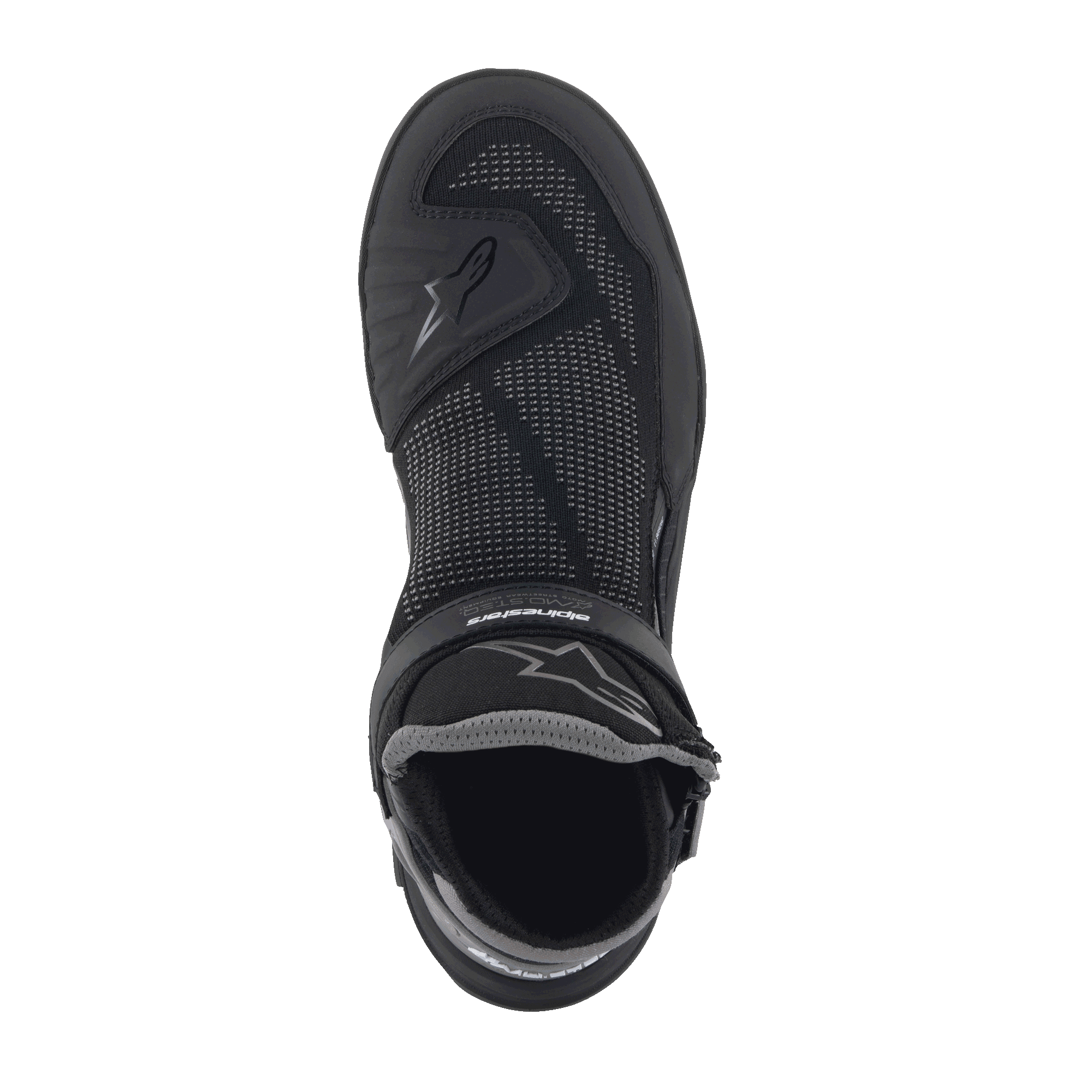 Alpinestars Speedflight Street Shoes, Noir Gun Metal, vue de dessus d'une seule chaussure présentant une tige en maille, des renforts en TPU et une sangle à boucles et crochets, chaussures de moto urbaines