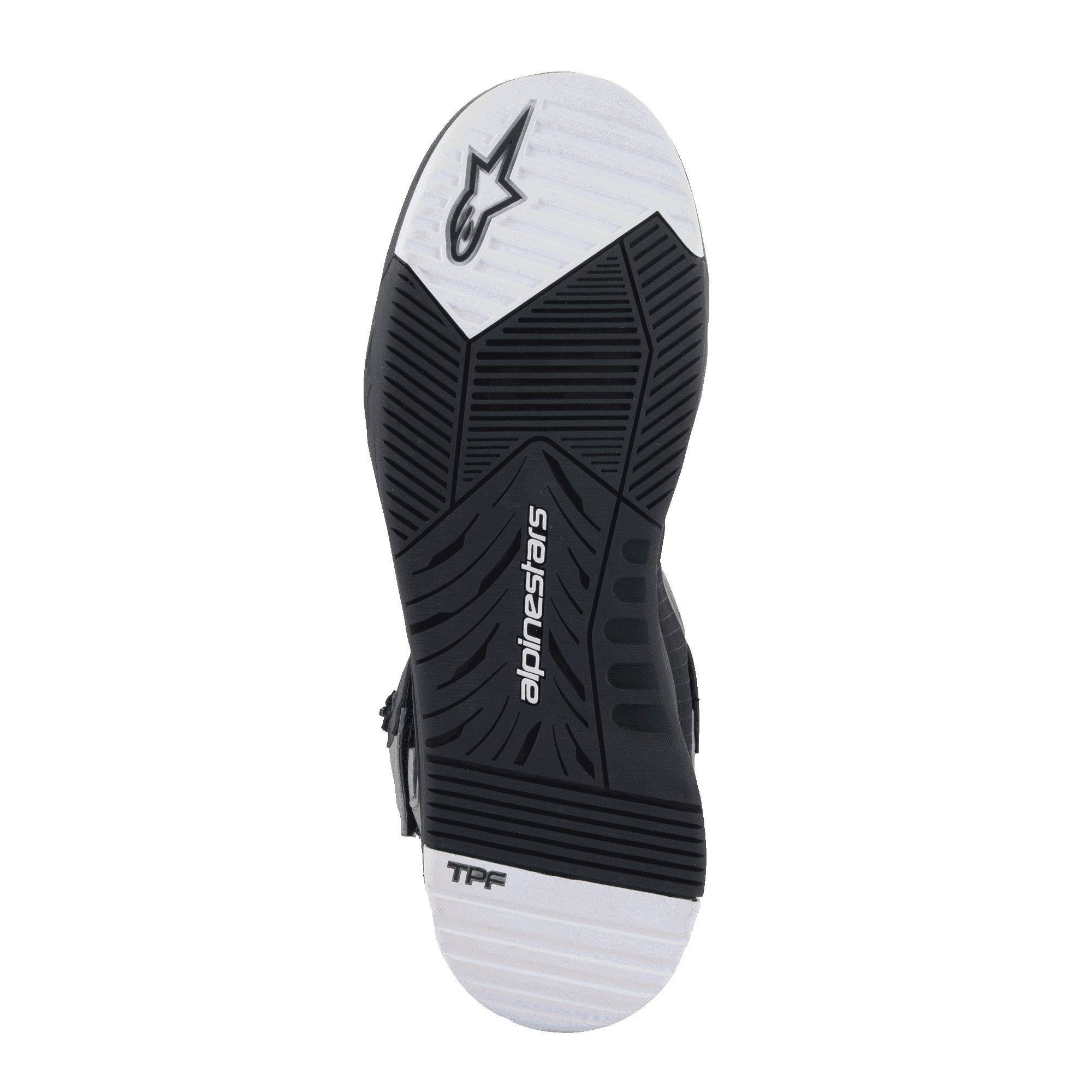 Chaussures Alpinestars Speedflight Street, vue de la semelle, semelle extérieure en caoutchouc à double densité noire et blanche avec motif de bande de roulement conique, avec logo Alpinestars et marquage TPF, chaussures de moto urbaines
