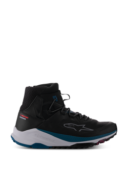 Alpinestars Speedforce XR Shoes, Black high-top motorcycle urban sneaker, textured breathable mesh ankle collar, white midsole with petrol green accents, rugged black sole with pink details, dashed star logo on side, Urban Series collection, modern street riding footwear
