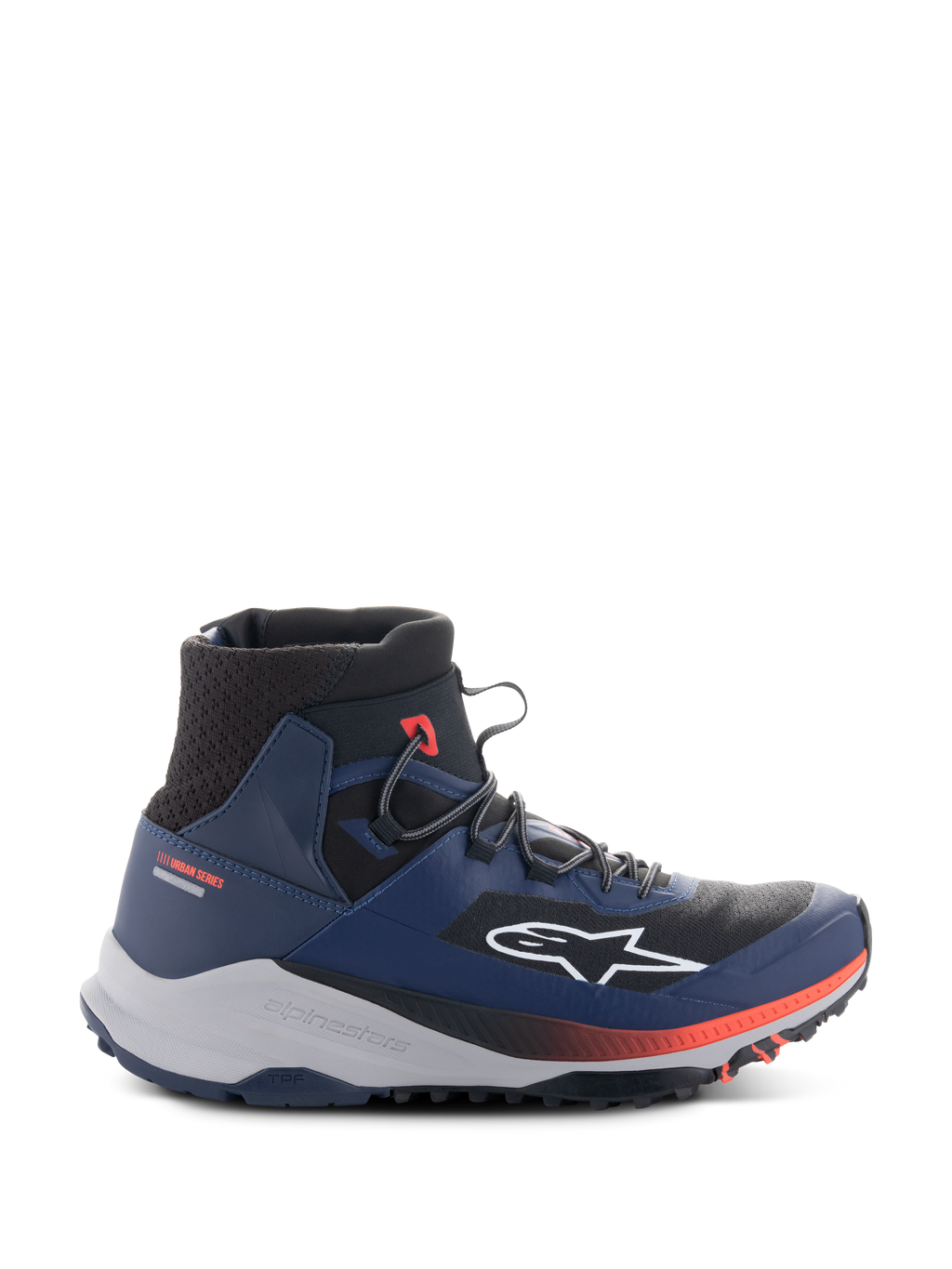 Chaussures Alpinestars Speedforce XR, baskets de moto urbaines montantes, bleu et noir avec accents rouges, semelle gris clair robuste, texture mesh à la cheville, vue de profil