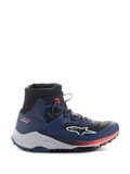 Chaussures Alpinestars Speedforce XR, baskets de moto urbaines montantes, bleu et noir avec accents rouges, semelle gris clair robuste, texture mesh à la cheville, vue de profil