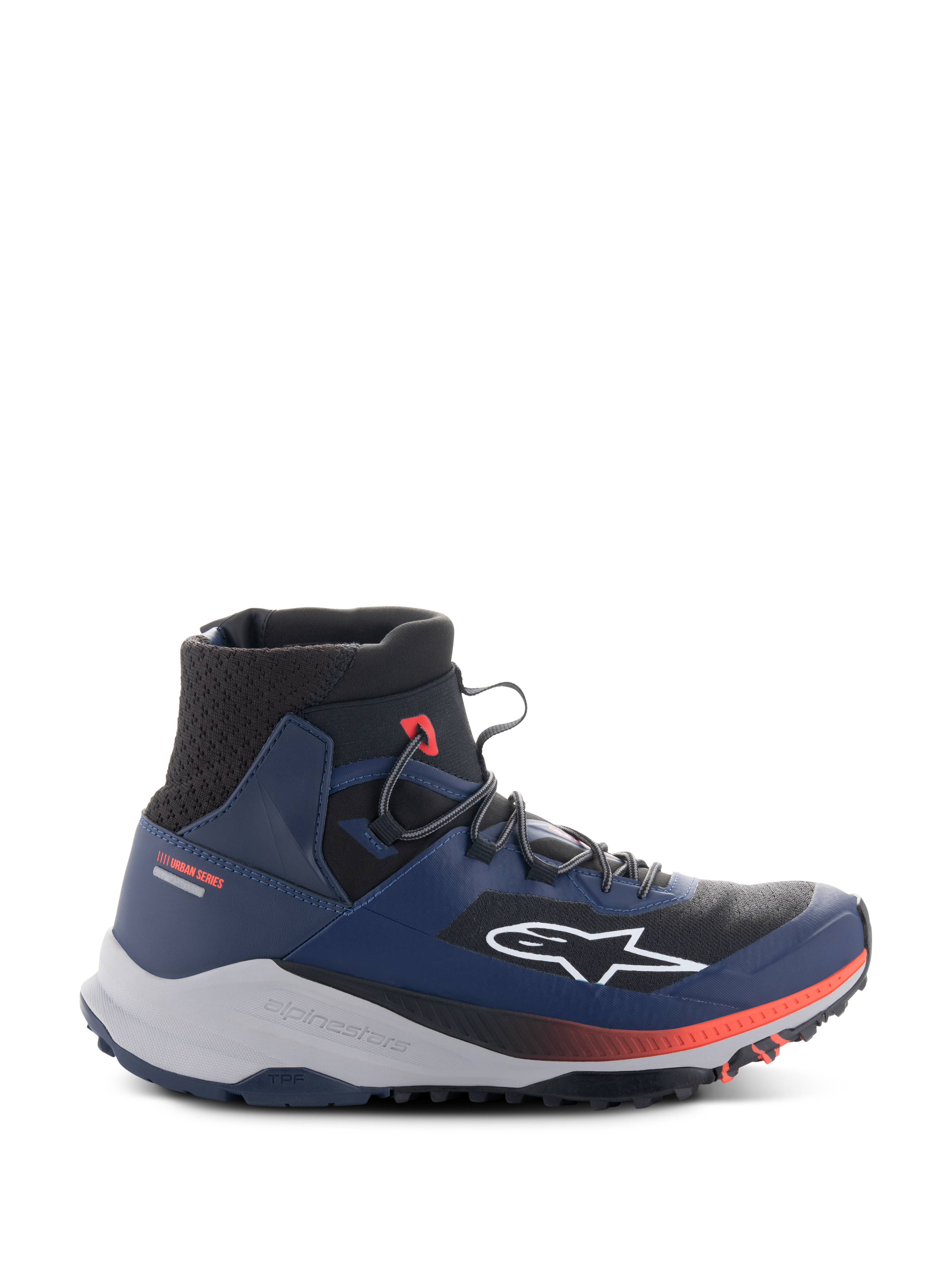 Chaussures Alpinestars Speedforce XR, baskets de moto urbaines montantes, bleu et noir avec accents rouges, semelle gris clair robuste, texture mesh à la cheville, vue de profil