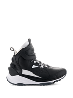 Alpinestars Speedstreet Shoes, high-top motorcycle sneakers, black and white, side view featuring a large hook-and-loop ankle strap, thick white midsole with Alpinestars and TPF branding, and rugged rubber outsole for urban riding.
