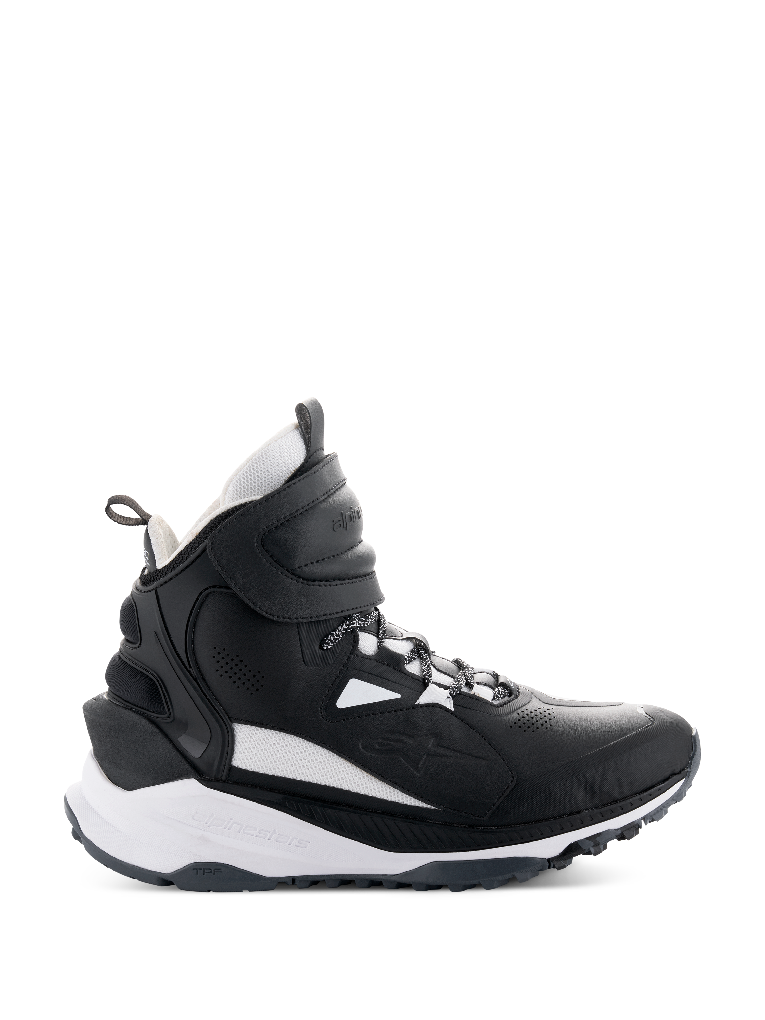 Chaussures Alpinestars Speedstreet, baskets de moto montantes, noires et blanches, vue latérale avec une large sangle de cheville auto-agrippante, semelle intermédiaire blanche épaisse avec marquages Alpinestars et TPF, et semelle extérieure en caoutchouc robuste pour la conduite urbaine