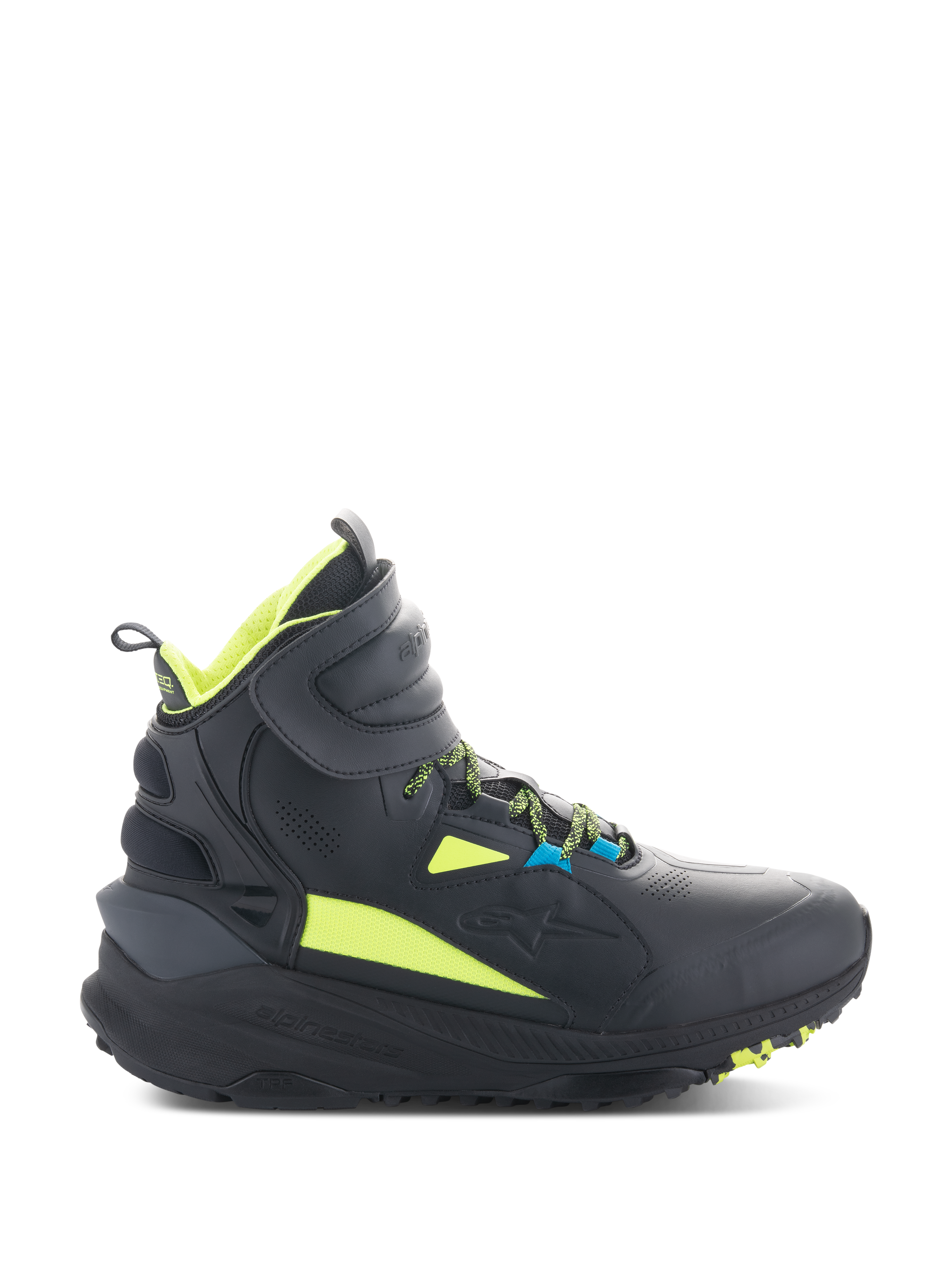 Chaussures Alpinestars Speedstreet, baskets de moto montantes noires avec accents jaune fluo et bleu, dotées d'une semelle texturée épaisse, d'un col rembourré et d'un design sportif moderne pour la conduite urbaine