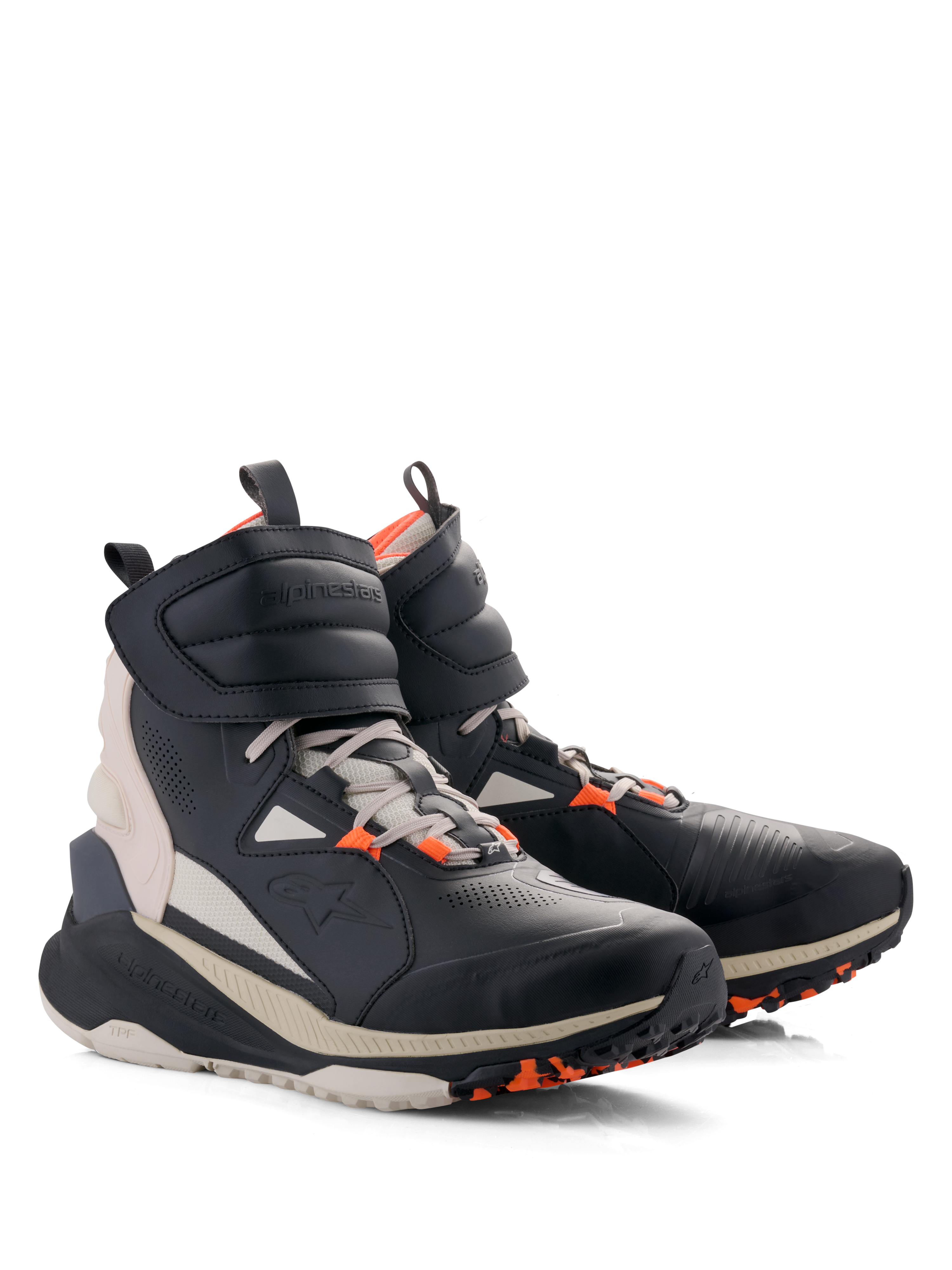 Alpinestars Speedstreet Shoes, Urban Motorcycle Riding Shoes, Black Almond Hot Orange, high-top street-inspired design with microfiber upper, large hook-and-loop ankle strap, laces, and thick off-white sole with orange grip details