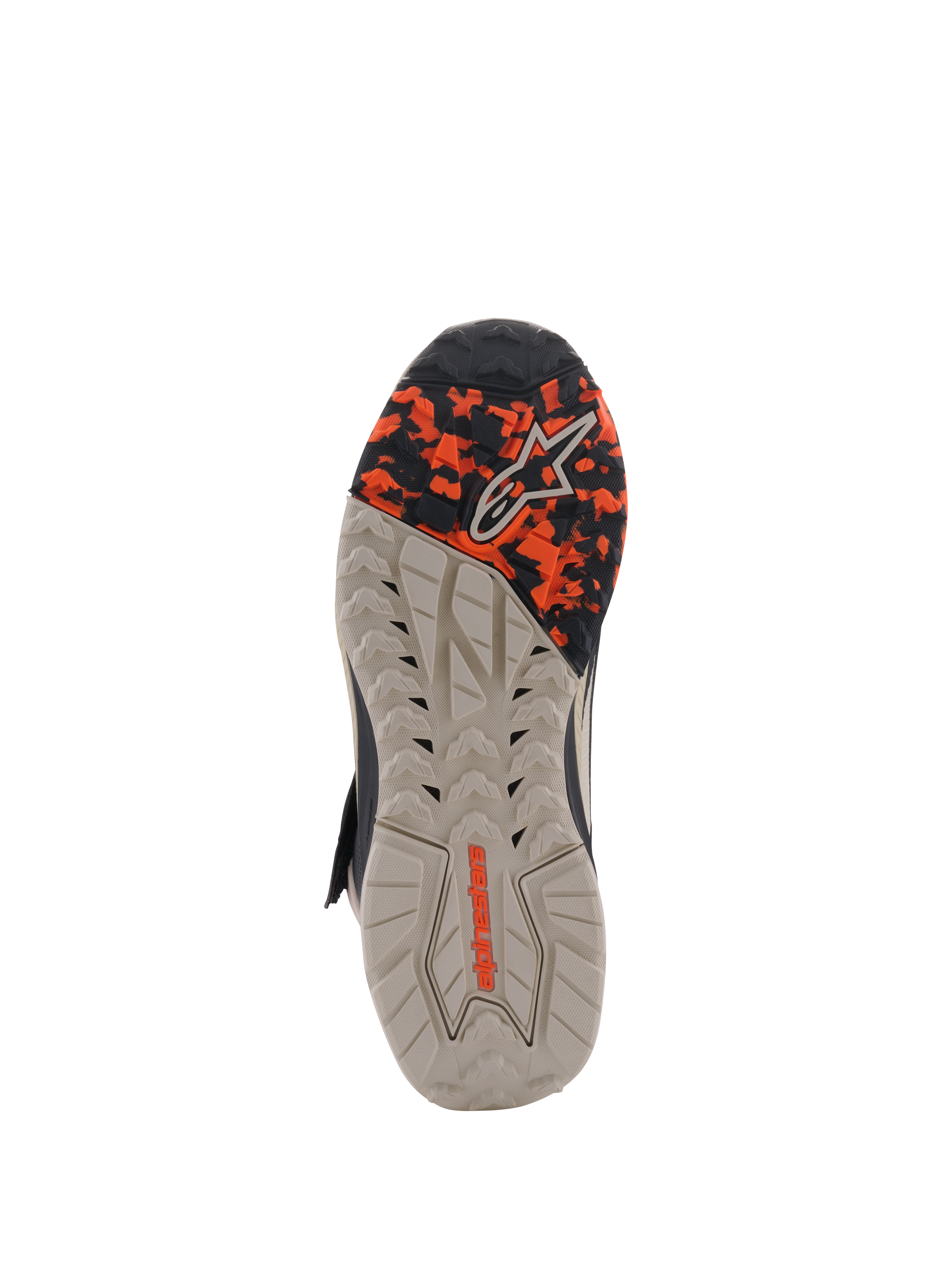 Alpinestars Speedstreet Shoes, Outsole View, Black Almond Hot Orange, featuring a multi-textured oil-resistant rubber sole with a camo-patterned forefoot and embossed Alpinestars branding, designed for grip and stability.