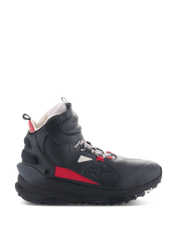 Alpinestars Speedstreet Shoes, Motorcycle Riding Shoes, Black Ecru and Bright Red, high-top side profile, streetwear-inspired design, padded ankle collar, thick sole with TPF marking, protective gear for urban riding