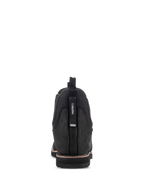 Alpinestars Turnstone Shoes, Black Leather Motorcycle Boots, rear view featuring the adjustable 'FASTEN' pull tab, bovine leather construction, classic Chelsea boot silhouette with a rugged sole