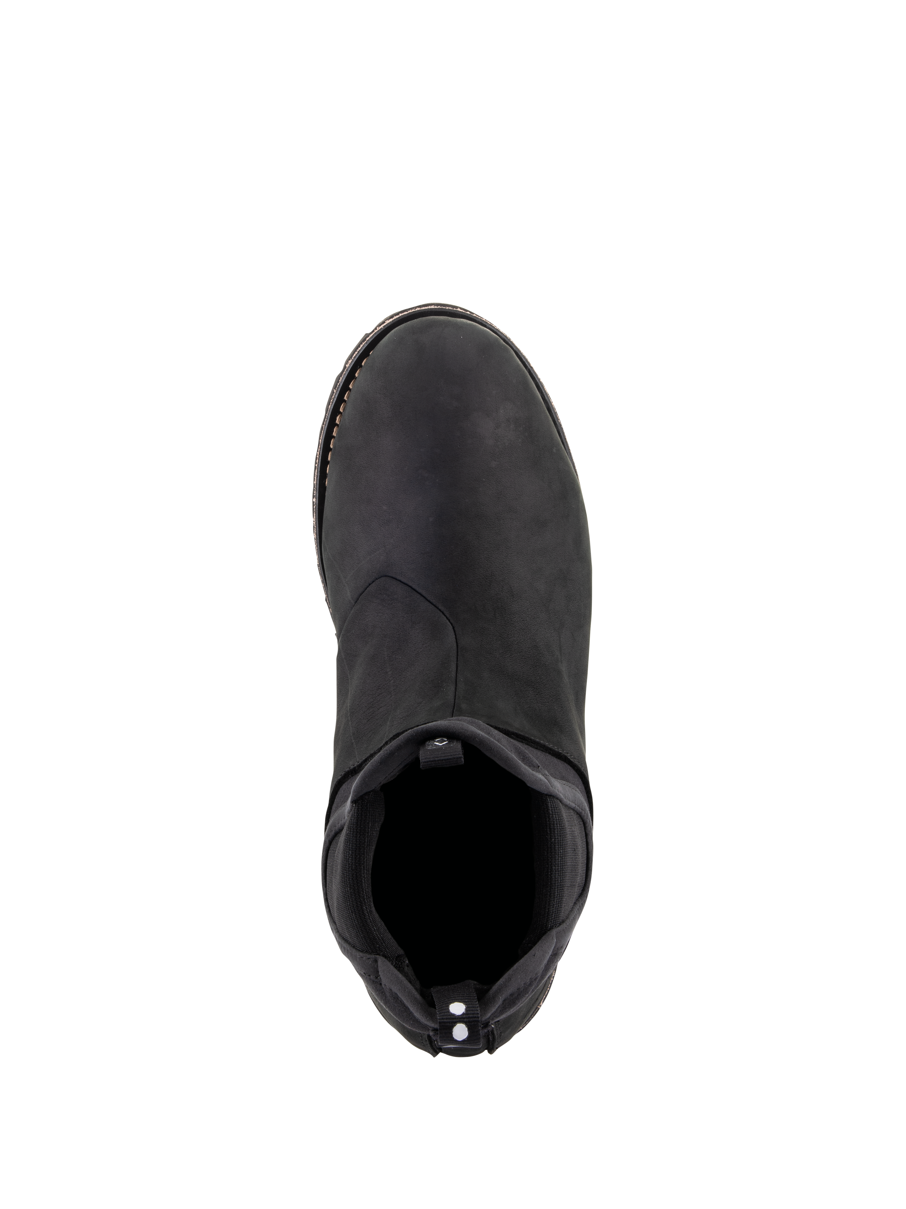 Alpinestars Turnstone Shoes, Black Black, top-down view of a bovine leather urban motorcycle riding shoe featuring an elasticated Chelsea-style entrance and a rear pull tab with white dots, minimalist protective footwear for road use.
