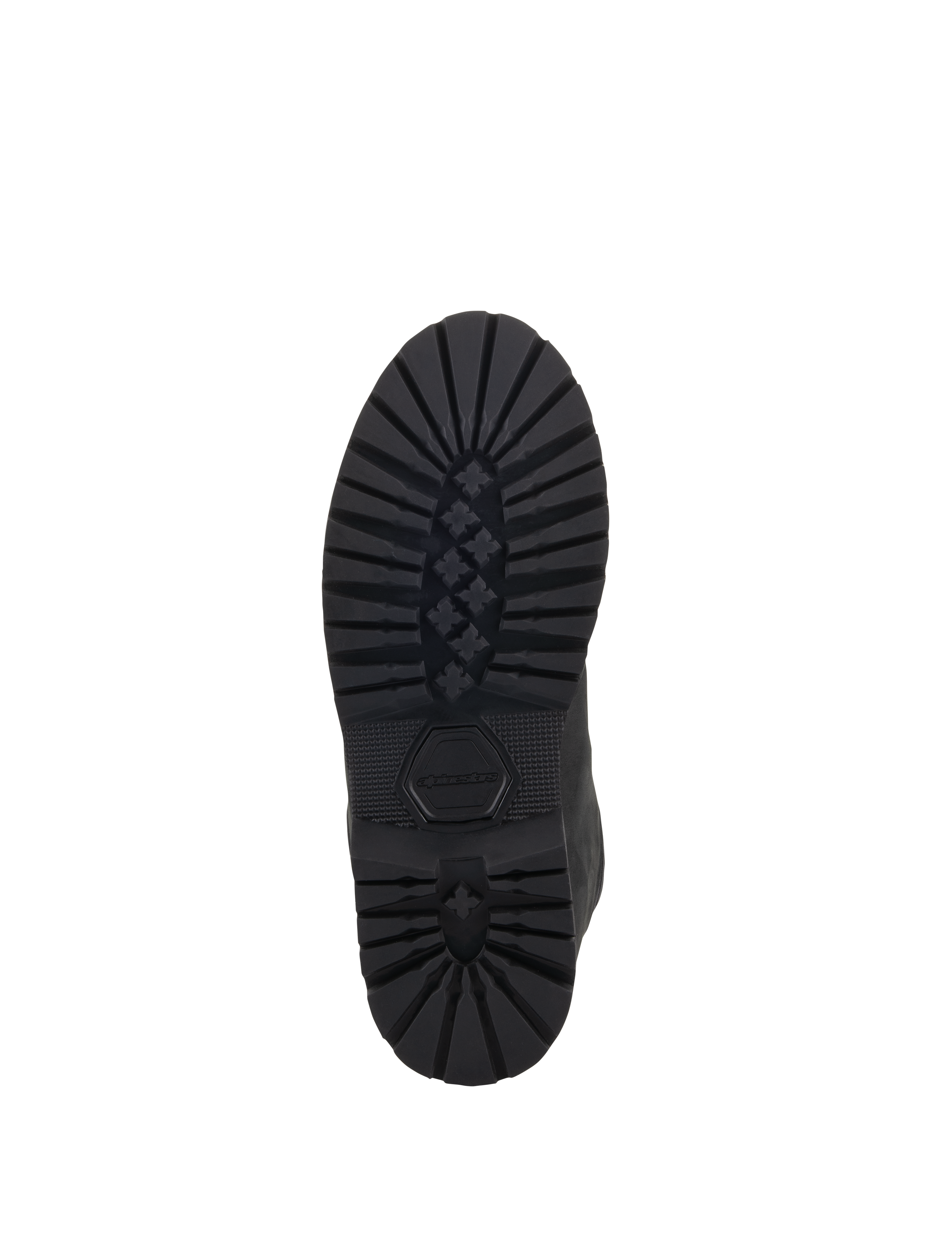 Alpinestars Turnstone Shoes, Black, bottom view of the rugged rubber outsole featuring a deep star-pattern tread and debossed Alpinestars logo, durable urban motorcycle riding footwear