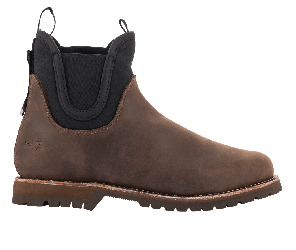 Alpinestars Turnstone Shoes, Chocolate Brown Leather Chelsea Boots, Urban Motorcycle Footwear, Black Elastic Side Panels, Rugged Tread Sole, Classic Silhouette