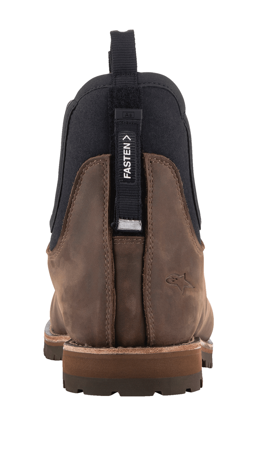 Alpinestars Turnstone Shoes, Chocolate Brown bovine leather, Chelsea boot style, rear view showing adjustable 'FASTEN' tab for internal lace system, black elastic side panels, embossed star logo on the heel, rugged lugged sole