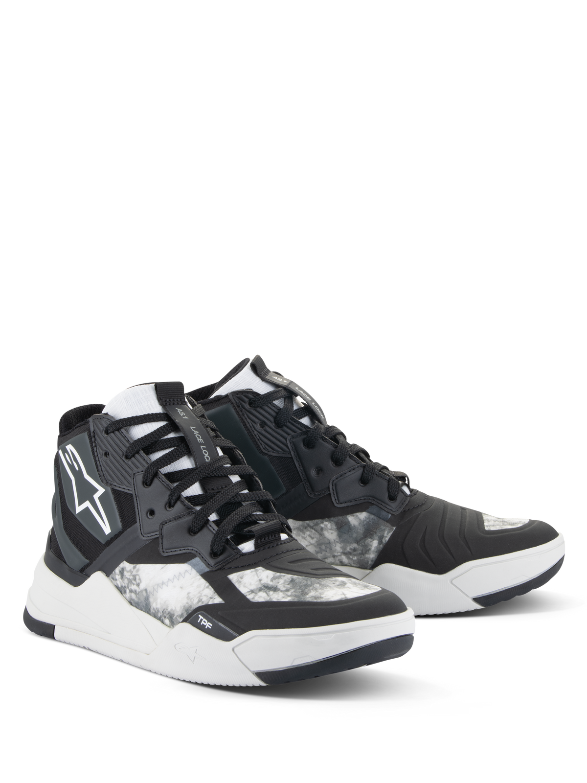 Chaussures Alpinestars Speedflight, chaussures de moto, noir, gris et blanc, avec un motif marbré, design de baskets montantes avec panneaux renforcés, logo Alpinestars blanc et semelle en caoutchouc durable