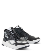 Chaussures Alpinestars Speedflight, chaussures de moto, noir, gris et blanc, avec un motif marbré, design de baskets montantes avec panneaux renforcés, logo Alpinestars blanc et semelle en caoutchouc durable