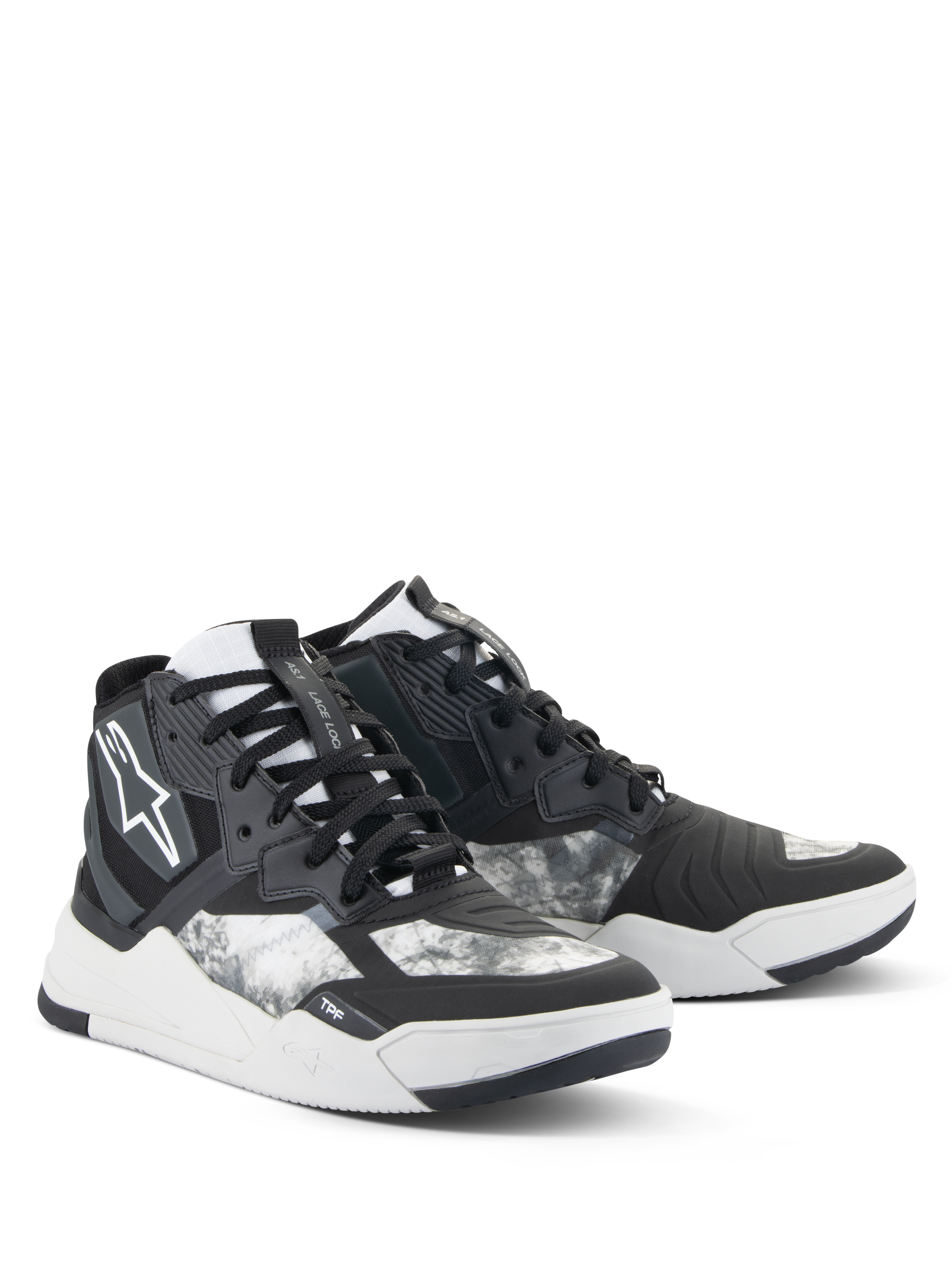 Chaussures Alpinestars Speedflight, chaussures de moto, noir, gris et blanc, avec un motif marbré, design de baskets montantes avec panneaux renforcés, logo Alpinestars blanc et semelle en caoutchouc durable