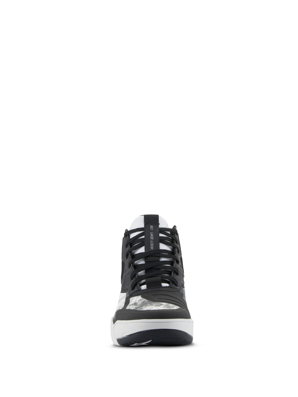 Chaussures Alpinestars Speedflight, chaussures de moto, noir, gris et blanc, vue de face avec lacets noirs, sangle de maintien des lacets AS1 sur la languette et patin de changement de vitesse intégré, chaussures de performance au style urbain.