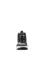 Chaussures Alpinestars Speedflight, chaussures de moto, noir, gris et blanc, vue de face avec lacets noirs, sangle de maintien des lacets AS1 sur la languette et patin de changement de vitesse intégré, chaussures de performance au style urbain.