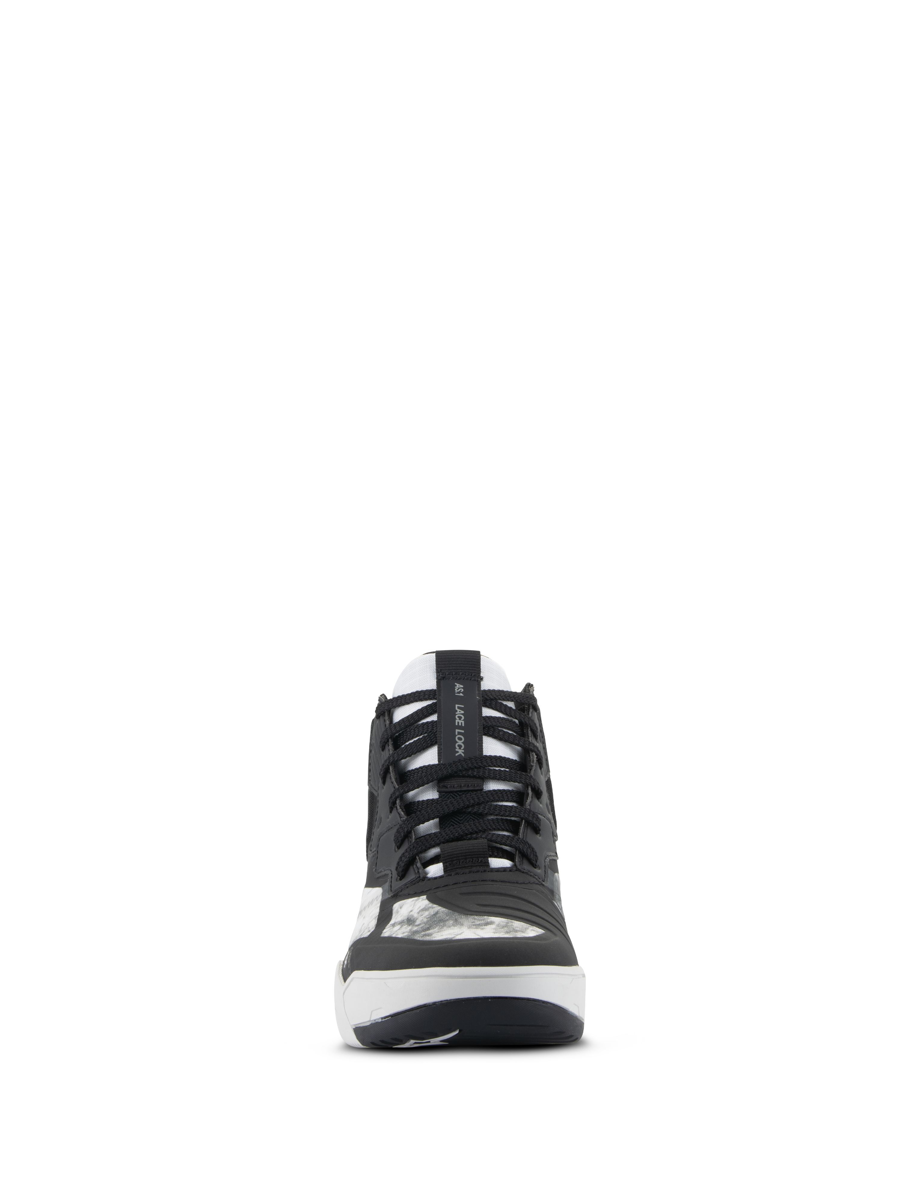 Chaussures Alpinestars Speedflight, chaussures de moto, noir, gris et blanc, vue de face avec lacets noirs, sangle de maintien des lacets AS1 sur la languette et patin de changement de vitesse intégré, chaussures de performance au style urbain.