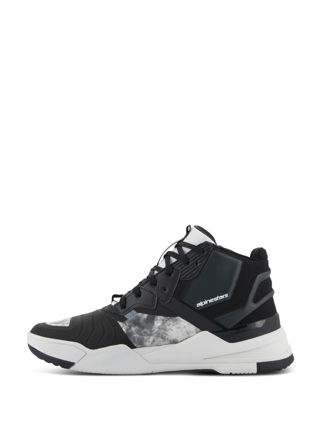 Chaussures Alpinestars Speedflight, chaussures de moto, noir, gris et blanc, vue de profil présentant une tige en textile ripstop avec des empiècements gris à motifs, un talon renforcé noir et une semelle intermédiaire blanche épaisse avec logo de la marque, design au style sport urbain