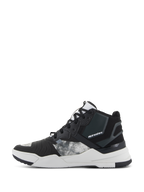 Chaussures Alpinestars Speedflight, chaussures de moto, noir, gris et blanc, vue de profil présentant une tige en textile ripstop avec des empiècements gris à motifs, un talon renforcé noir et une semelle intermédiaire blanche épaisse avec logo de la marque, design au style sport urbain