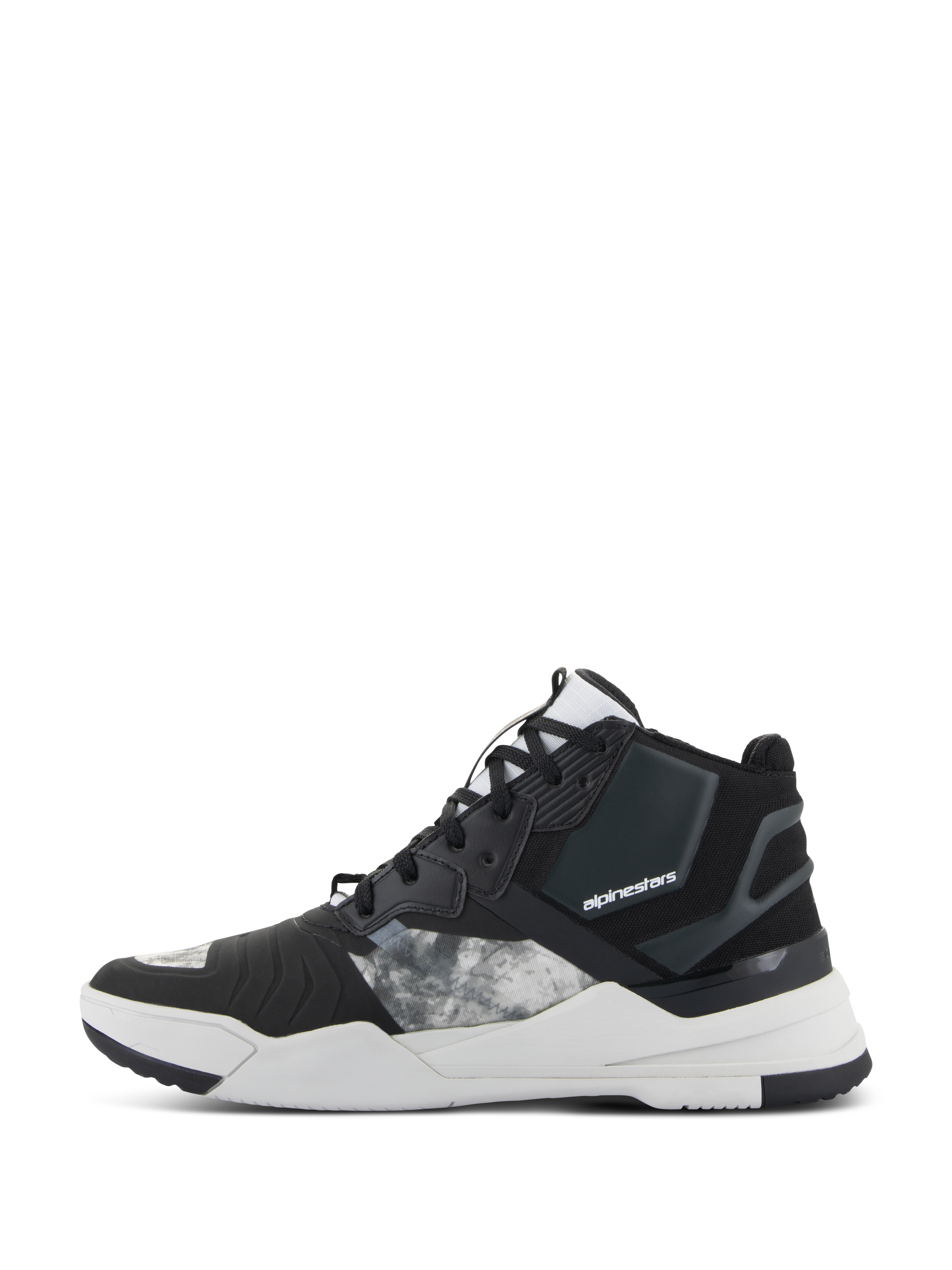 Chaussures Alpinestars Speedflight, chaussures de moto, noir, gris et blanc, vue de profil présentant une tige en textile ripstop avec des empiècements gris à motifs, un talon renforcé noir et une semelle intermédiaire blanche épaisse avec logo de la marque, design au style sport urbain