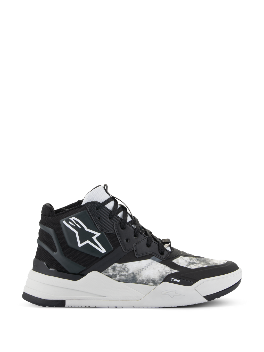 Alpinestars Speedflight Shoes, baskets de moto performantes à tige montante, noir, gris et blanc, logo étoile blanc, motif ripstop texturé sur les panneaux latéraux et semelle géométrique blanche épaisse avec marquage TPF