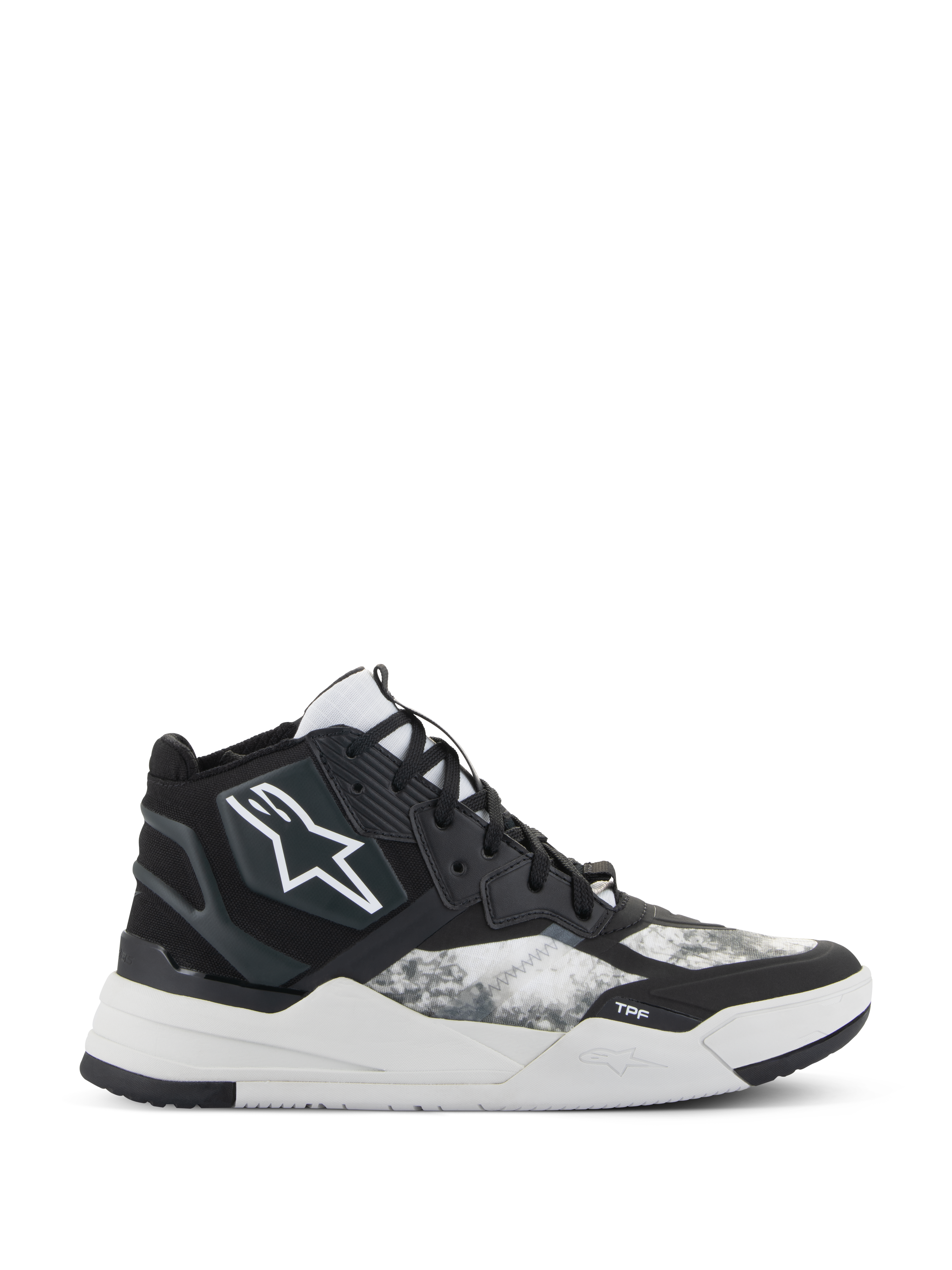 Alpinestars Speedflight Shoes, baskets de moto performantes à tige montante, noir, gris et blanc, logo étoile blanc, motif ripstop texturé sur les panneaux latéraux et semelle géométrique blanche épaisse avec marquage TPF