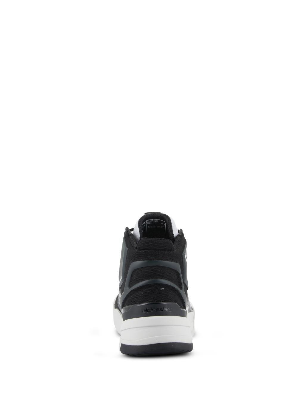 Chaussures Alpinestars Speedflight, chaussures de moto performantes, noir, gris et blanc, vue arrière mettant en avant le contrefort de talon asymétrique en TPU avec logo, semelle intermédiaire blanche et design sportif de style urbain