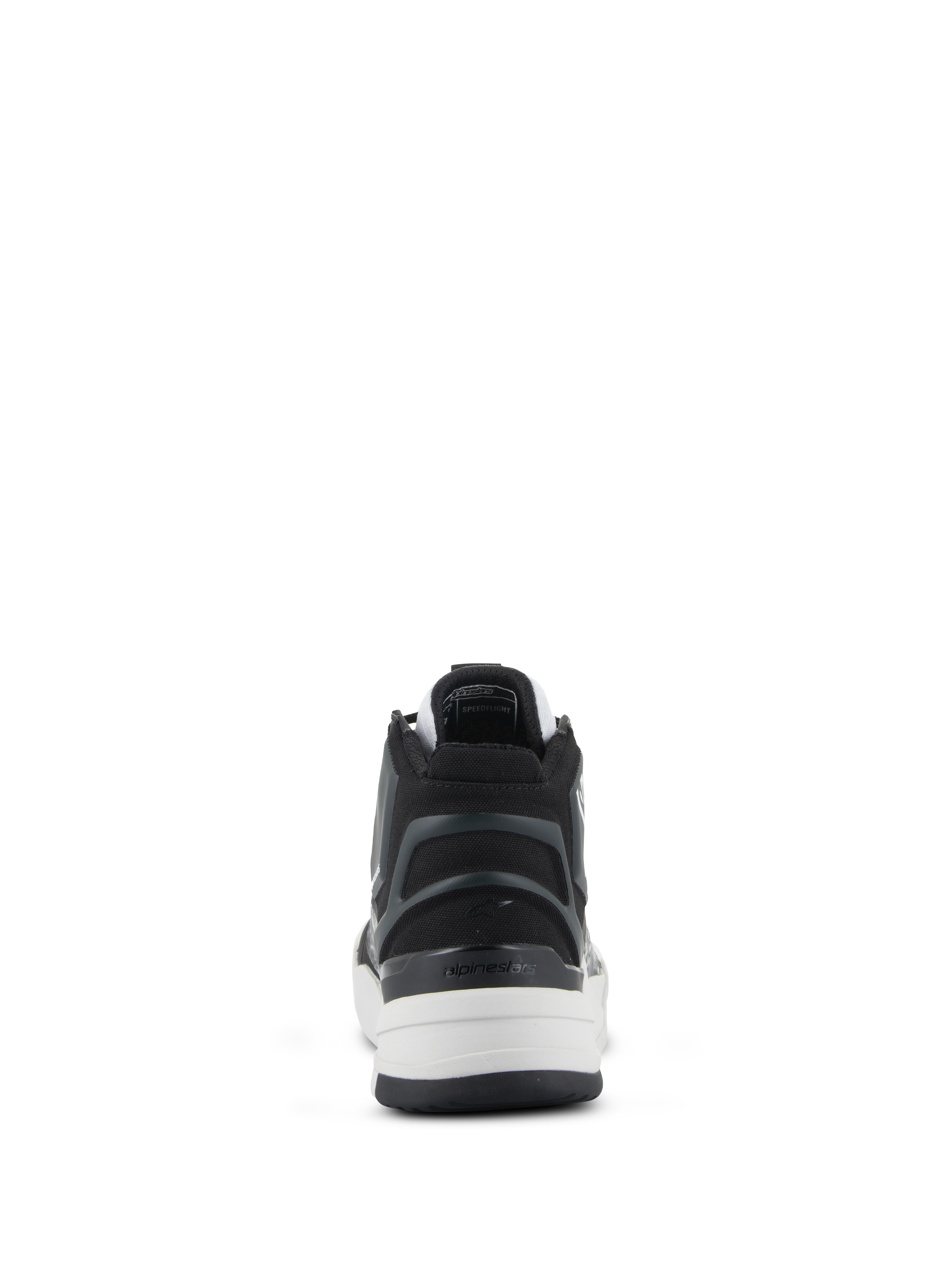 Chaussures Alpinestars Speedflight, chaussures de moto performantes, noir, gris et blanc, vue arrière mettant en avant le contrefort de talon asymétrique en TPU avec logo, semelle intermédiaire blanche et design sportif de style urbain