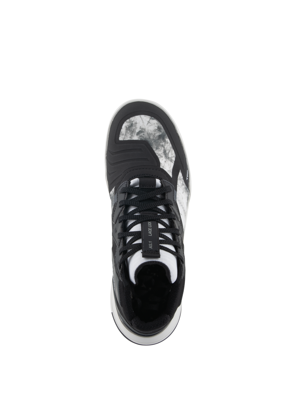 Chaussures Alpinestars Speedflight, noir gris blanc, vue de dessus montrant la tige en ripstop marbré, le système de verrouillage des lacets sur la languette et le patin de changement de vitesse intégré, chaussure de moto au style urbain