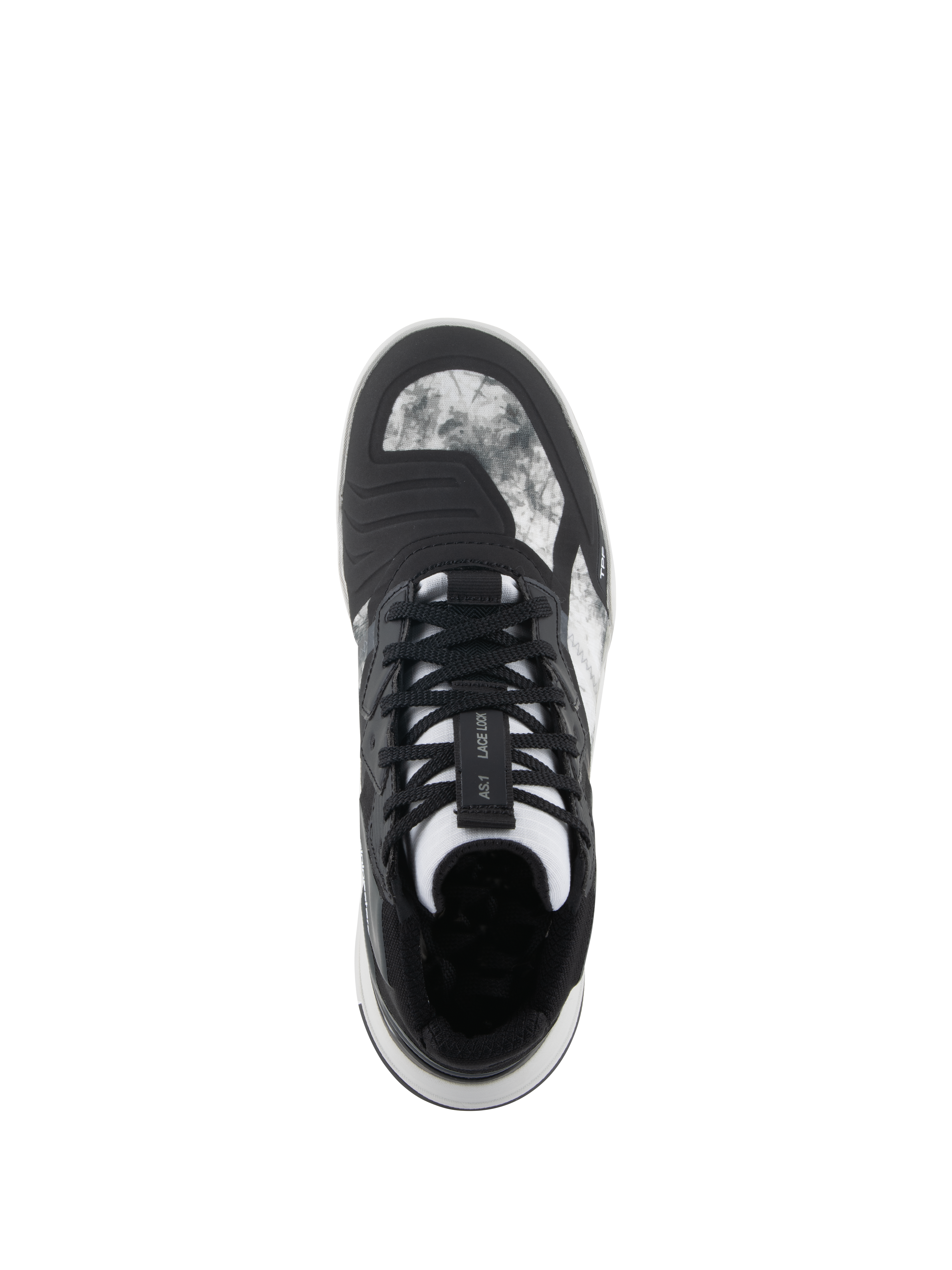 Chaussures Alpinestars Speedflight, noir gris blanc, vue de dessus montrant la tige en ripstop marbré, le système de verrouillage des lacets sur la languette et le patin de changement de vitesse intégré, chaussure de moto au style urbain
