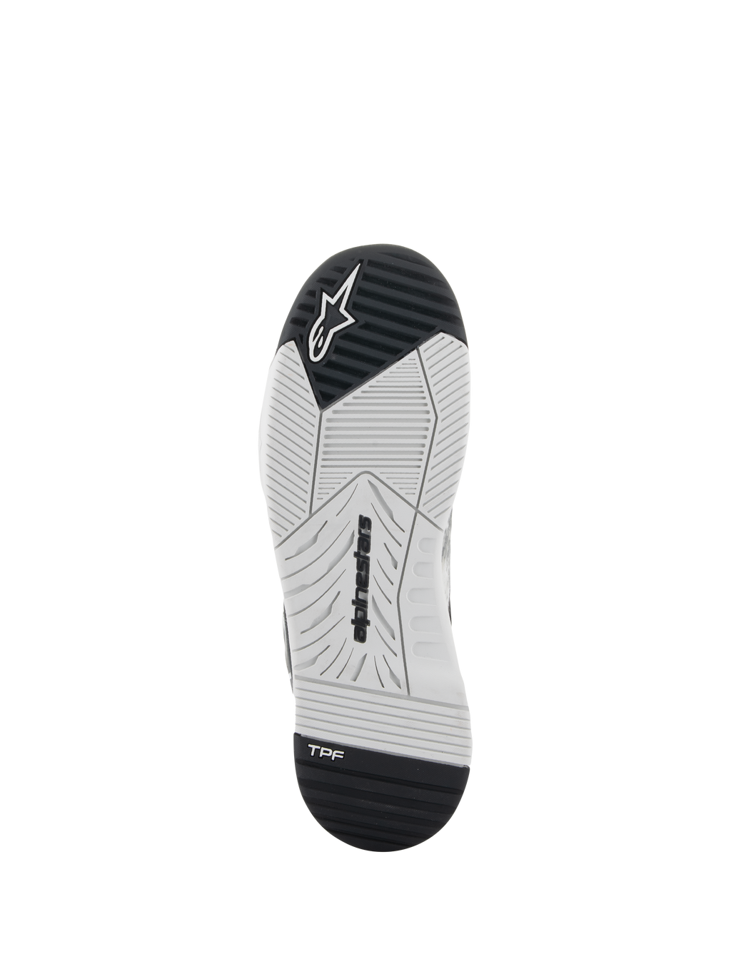 Chaussures Alpinestars Speedflight, chaussures de moto, noir et blanc, vue de dessous de la semelle en caoutchouc double densité, logo Alpinestars et logo TPF Transversal Protection Frame, motif de semelle technique pour l'adhérence