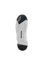 Chaussures Alpinestars Speedflight, chaussures de moto, noir et blanc, vue de dessous de la semelle en caoutchouc double densité, logo Alpinestars et logo TPF Transversal Protection Frame, motif de semelle technique pour l'adhérence