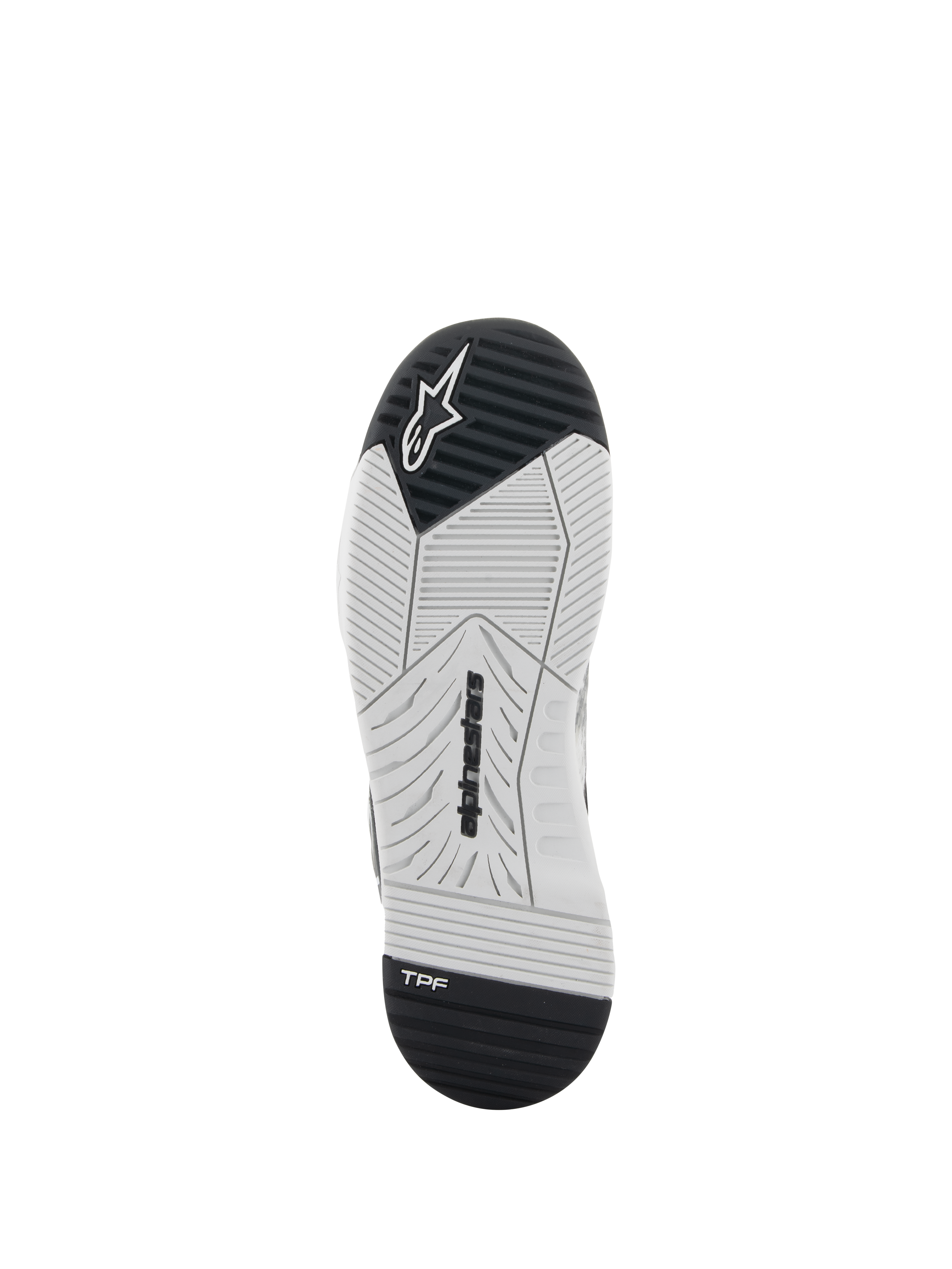 Chaussures Alpinestars Speedflight, chaussures de moto, noir et blanc, vue de dessous de la semelle en caoutchouc double densité, logo Alpinestars et logo TPF Transversal Protection Frame, motif de semelle technique pour l'adhérence