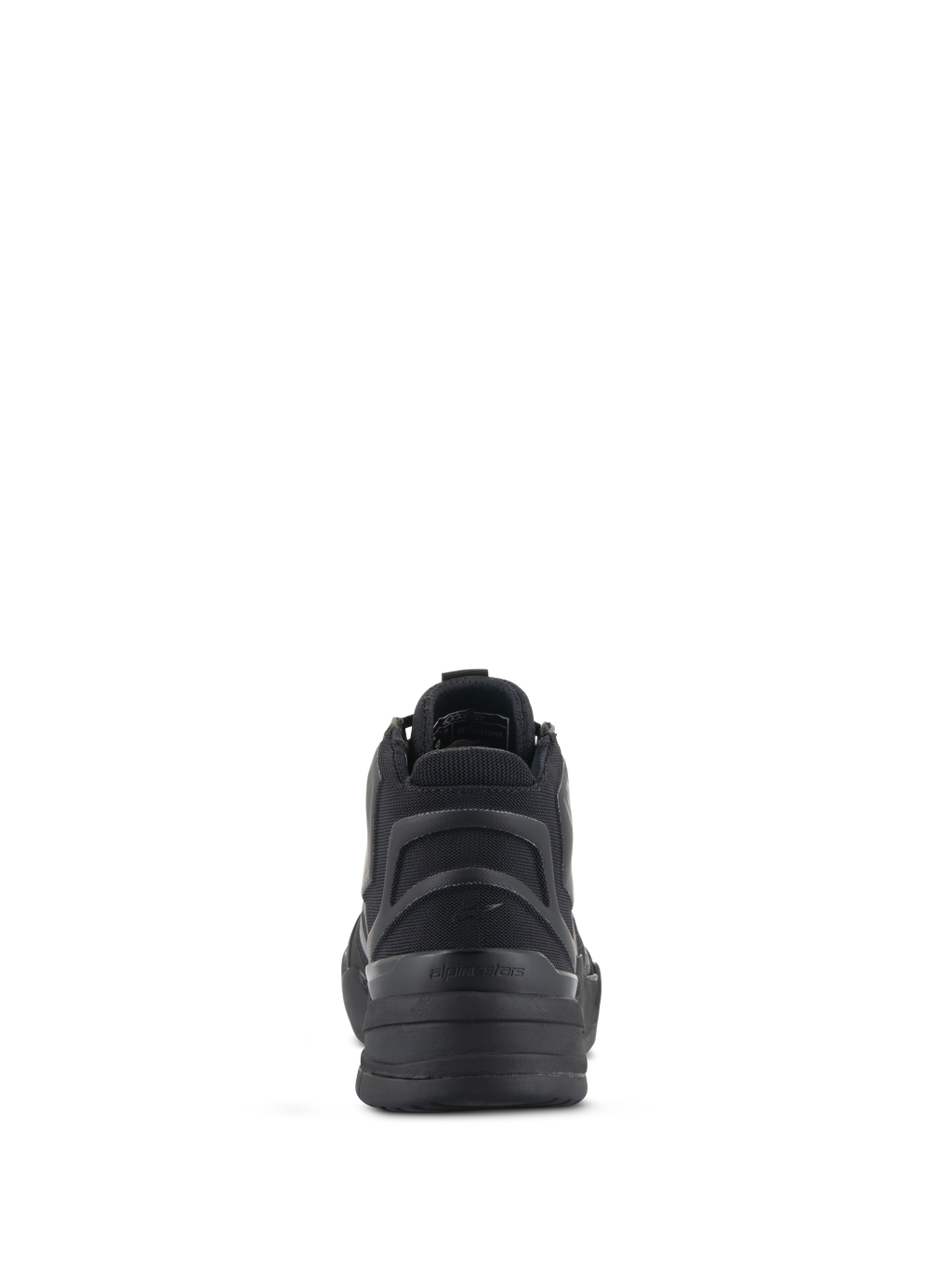 Chaussures de moto Alpinestars Speedflight, noires, vue arrière présentant le contrefort de talon asymétrique en TPU et la pièce de talon moulée semi-rigide, chaussures de style urbain sportif pour la moto